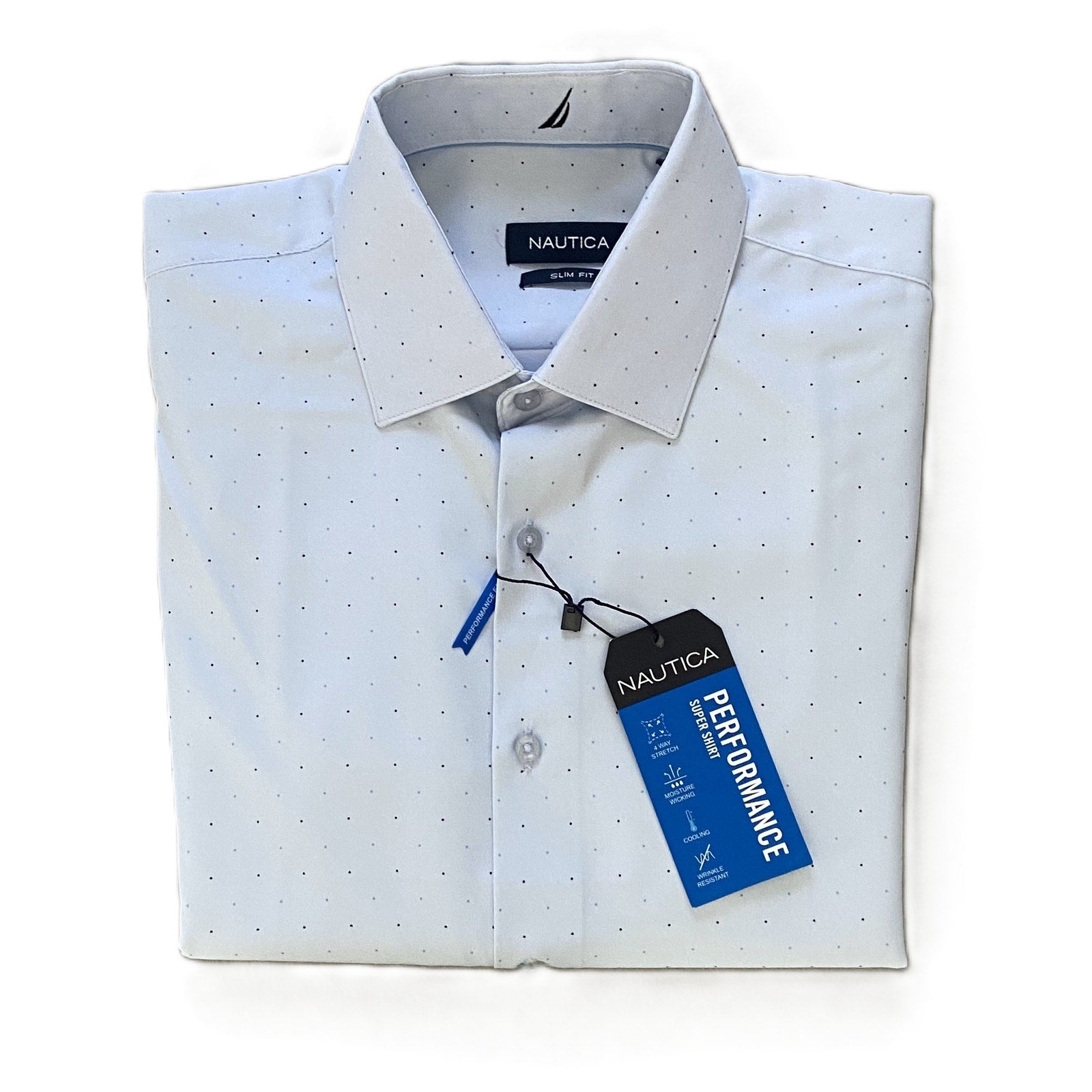 Nautica Dress Shirt Men's 15-15.5 34/35 Performance Slim Fit Blue Dot