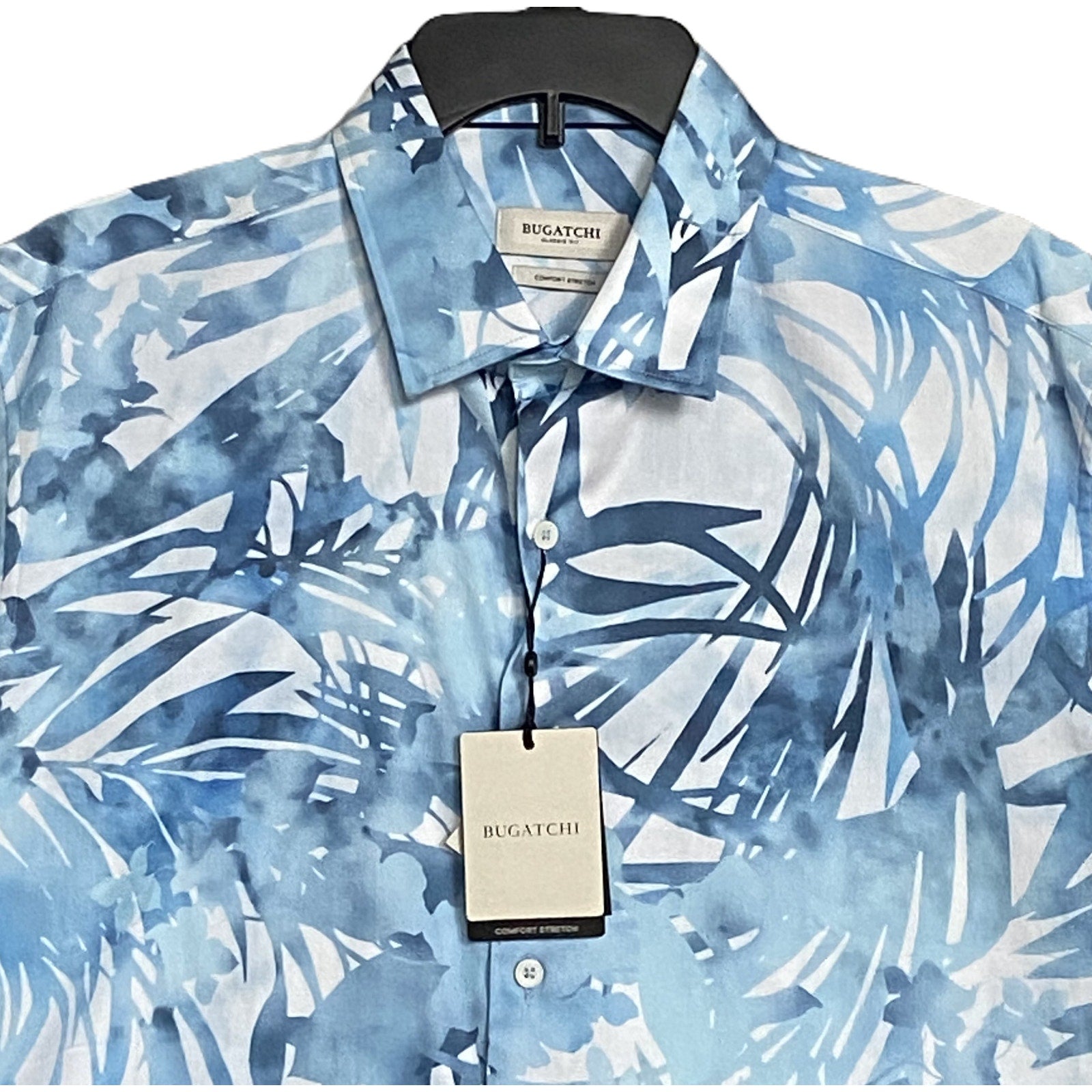 Bugatchi Shirt Men's Large Classic Fit Button-Up Short Sleeve Blue Floral