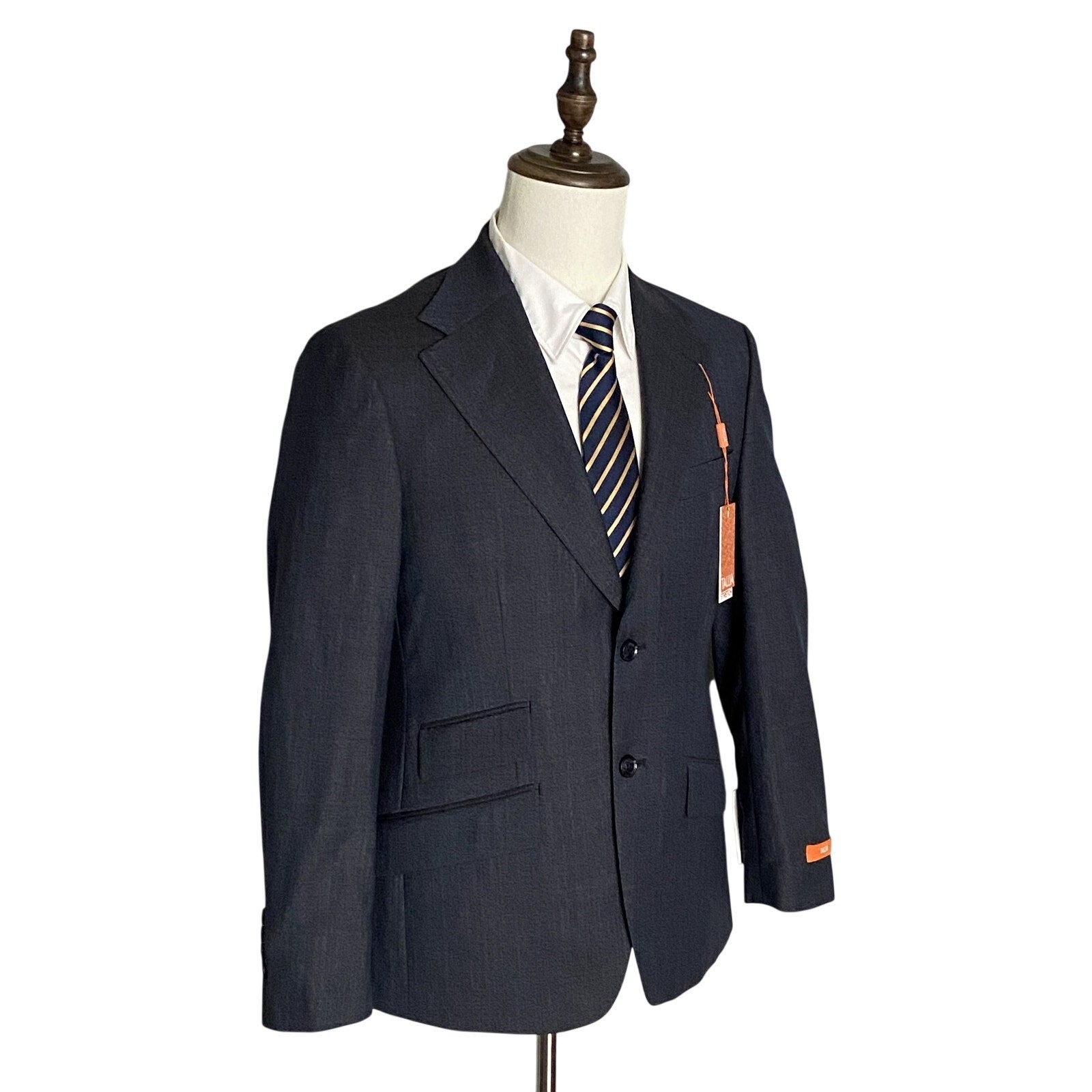 Tallia Suit Jacket Men's 38 Short Wool Blend Stretch Navy Brown Stripe