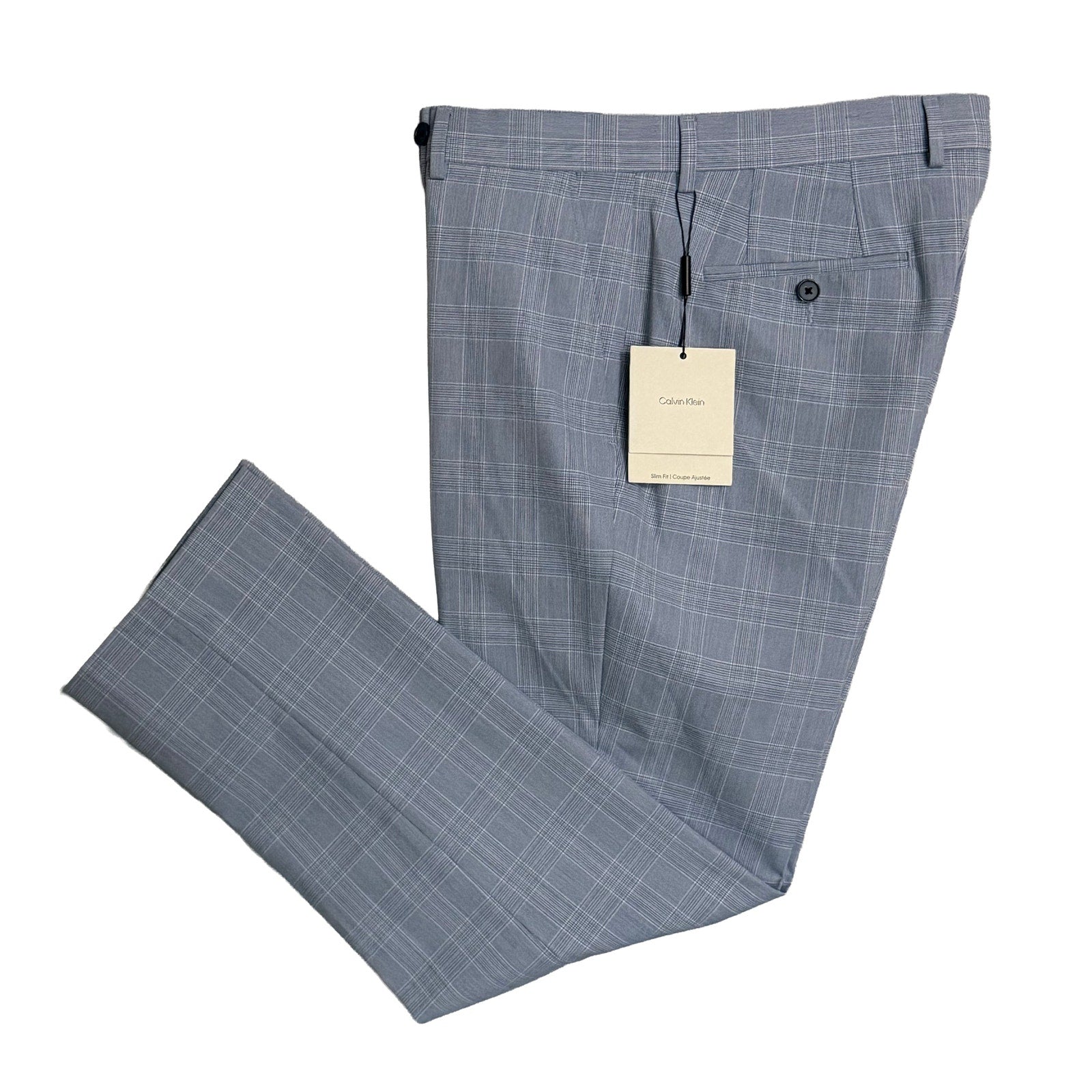 Calvin Klein Dress Pant Men's 34"x29" Slim Fit Flat Front Stretch Blue Plaid