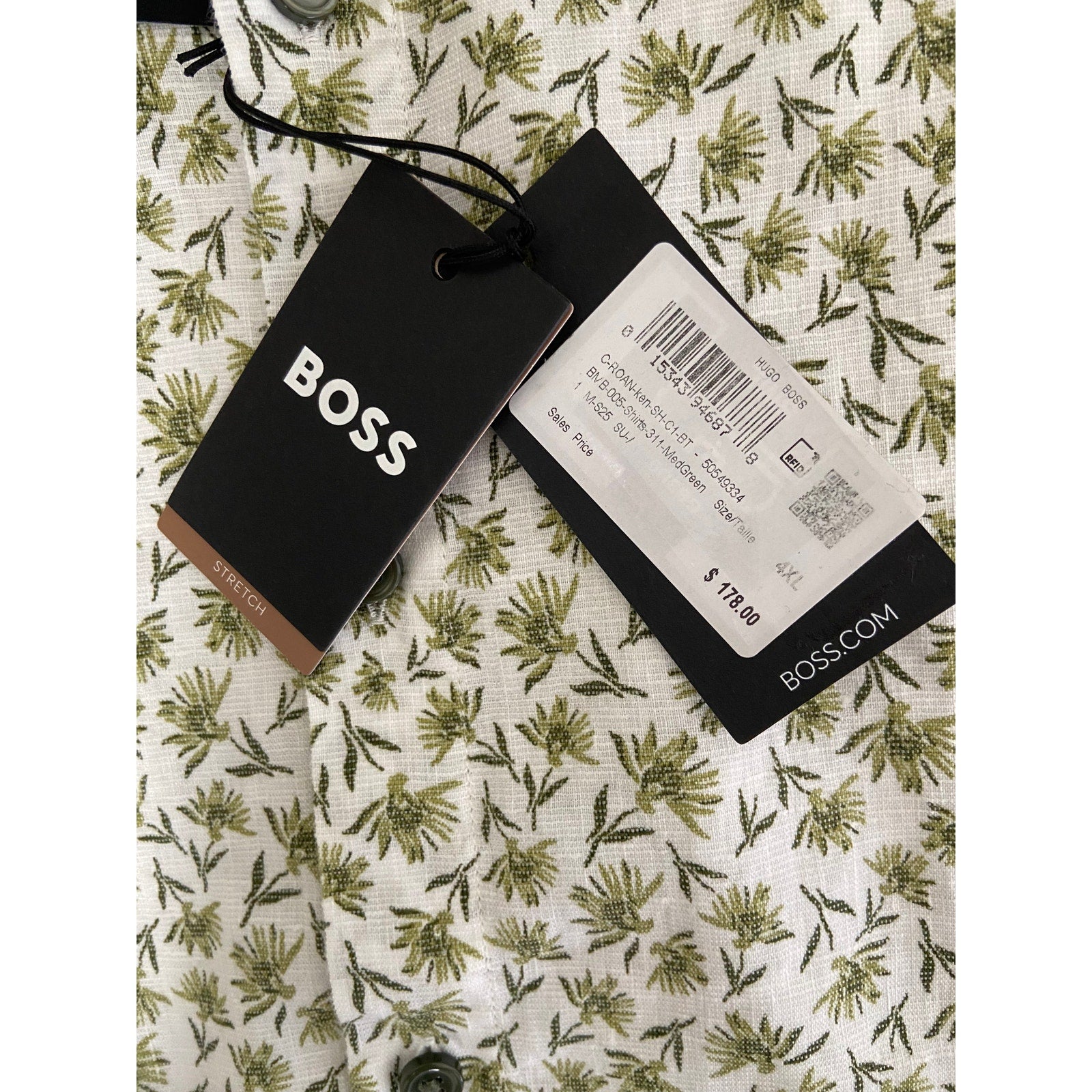 Boss Shirt Men's 4XL Big & Tall Short Slv Stretch Linen Shirt Green Floral