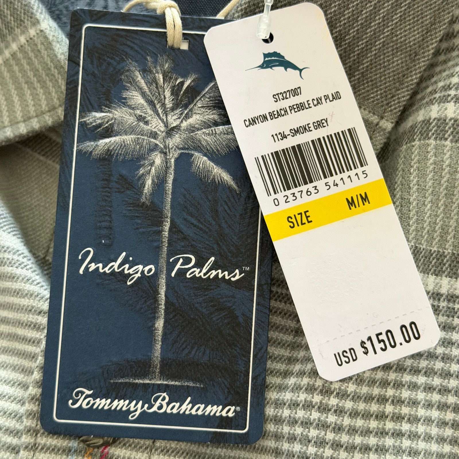 Tommy Bahama Shirt Men's Medium Canyon Beach Flannel Smoke Grey Plaid