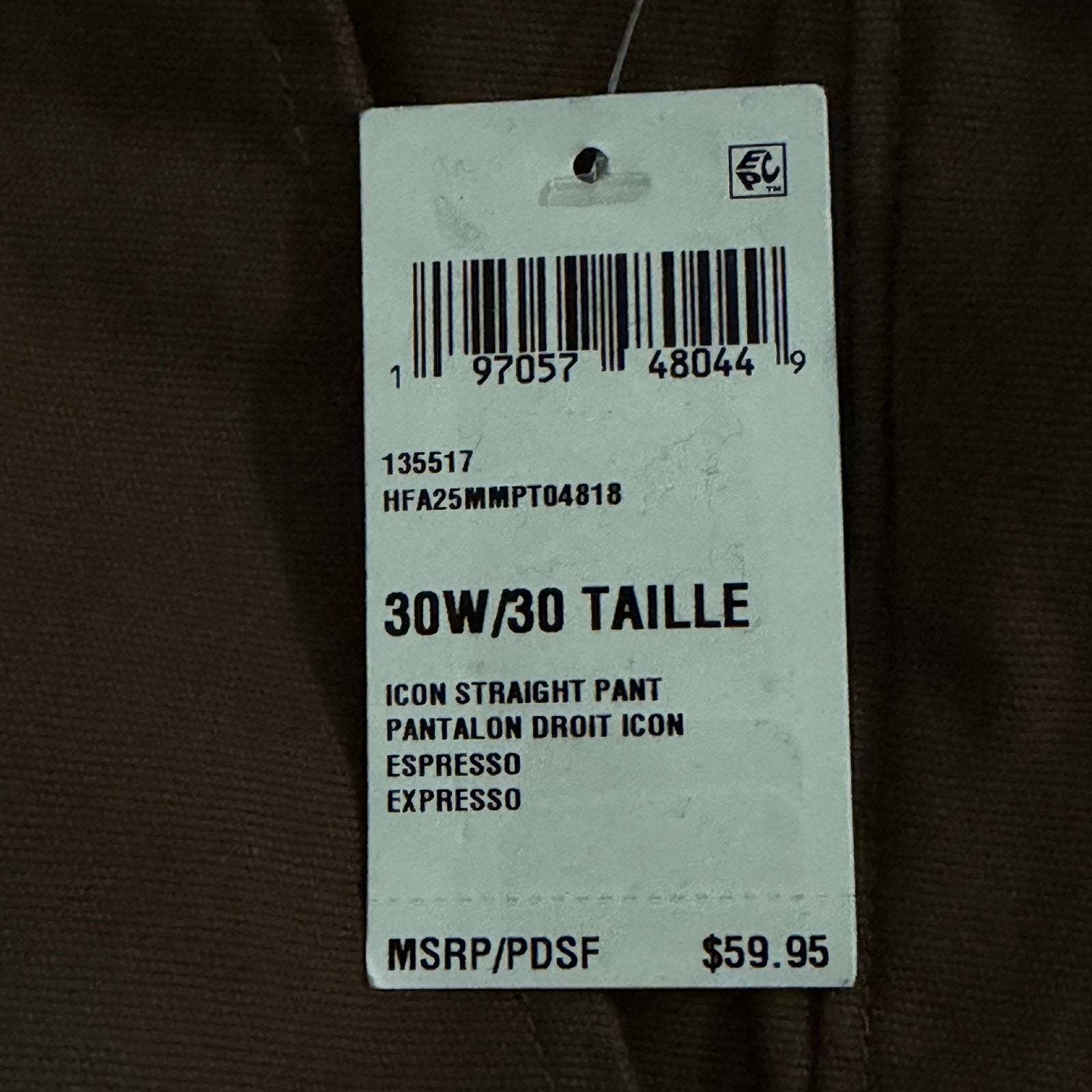 Hurley Icon Straight Pant Men's 30"x30" Straight Fit 2-Way Stretch Expresso