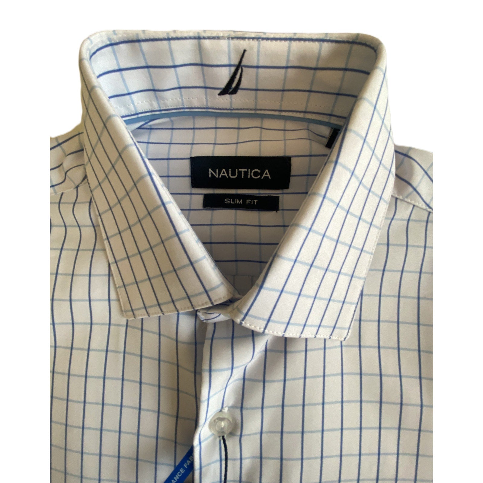 Nautica Dress Shirt Men's 14-14.5 32/33 Performance Slim Fit Blue Check