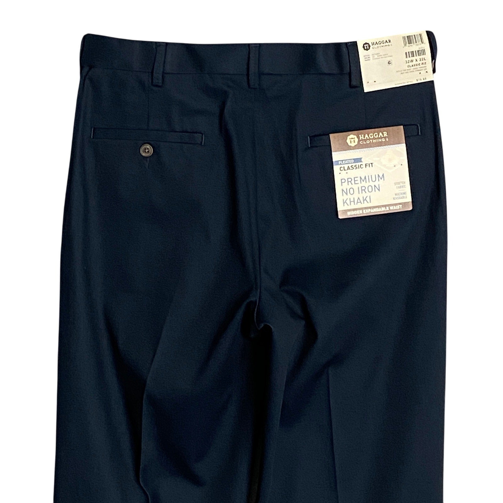 Haggar Premium No Iron Khaki Men's 32x32 Dress Pant Classic Fit Pleated Blue