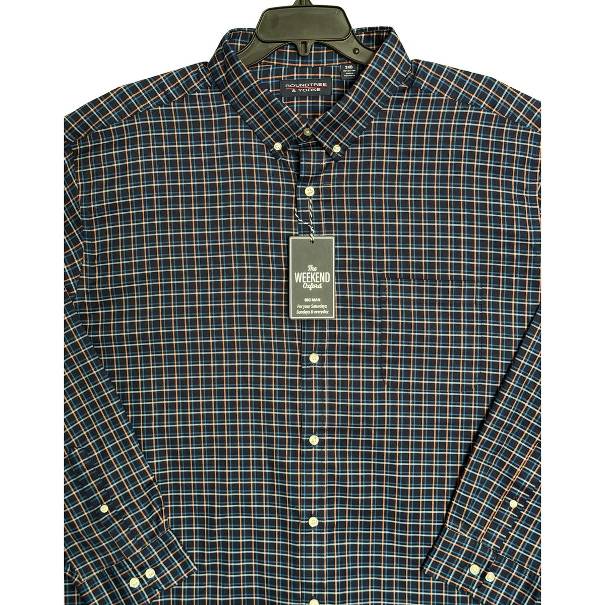 Roundtree & Yorke Men's Weekend Oxford Shirt 3XB Big & Tall Dk Blue Gingham NWT