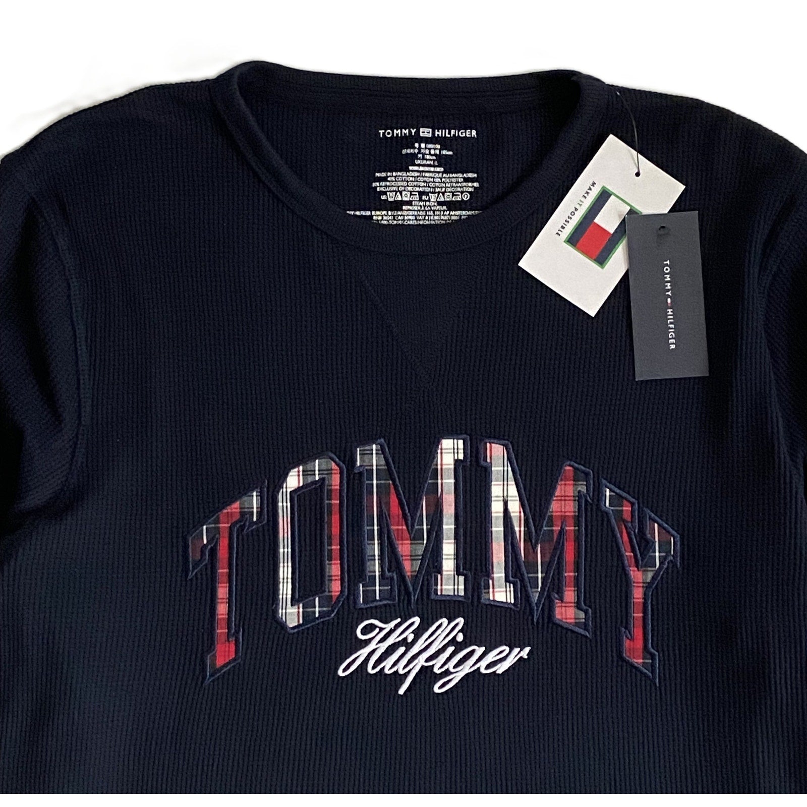 Tommy Hilfiger Tee Men's Medium Long Sleeve Waffle-Knit Crew Neck Navy Blue