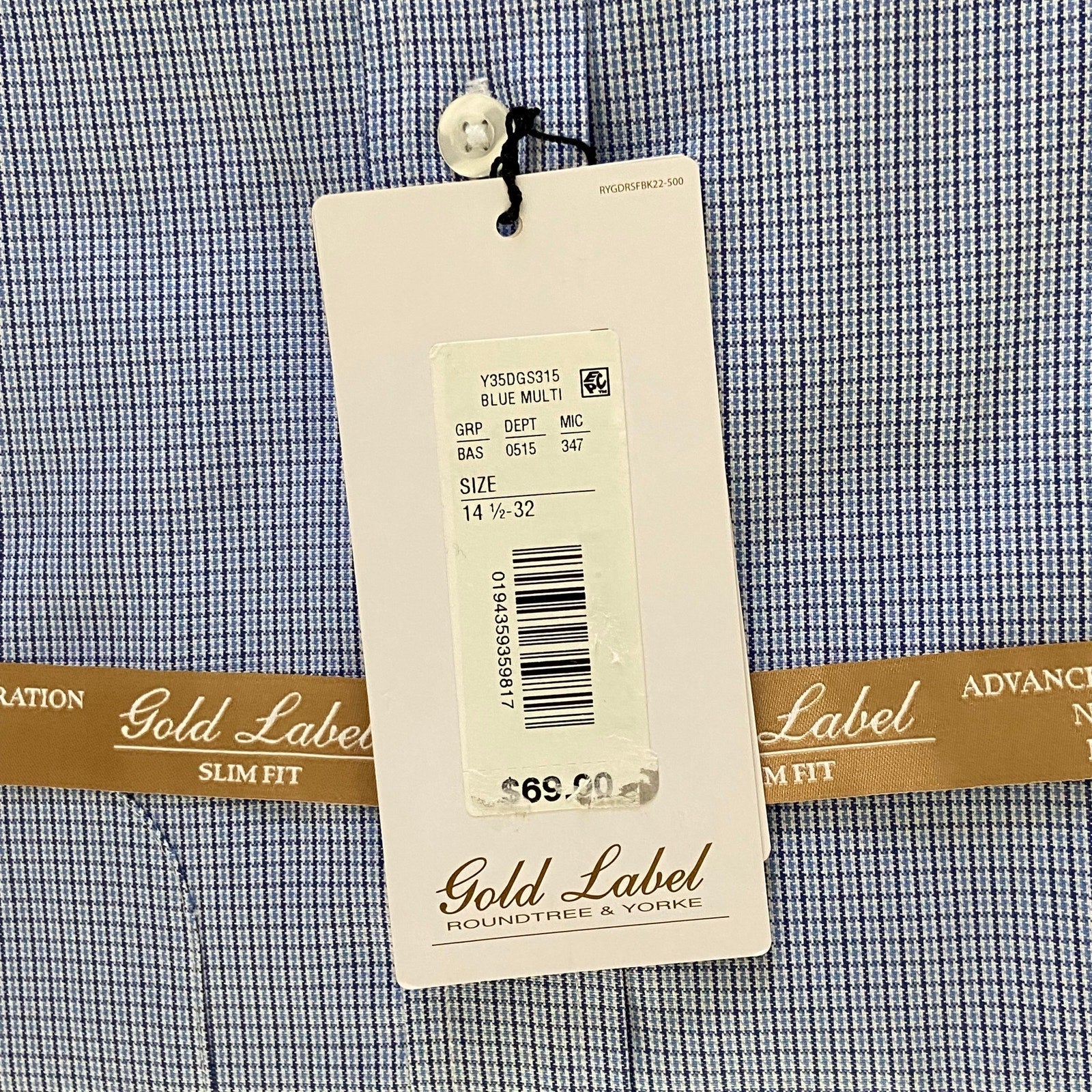 Roundtree & Yorke Shirt Men's 14.5 32 Slim Fit Cotton Pinpoint Blue Check
