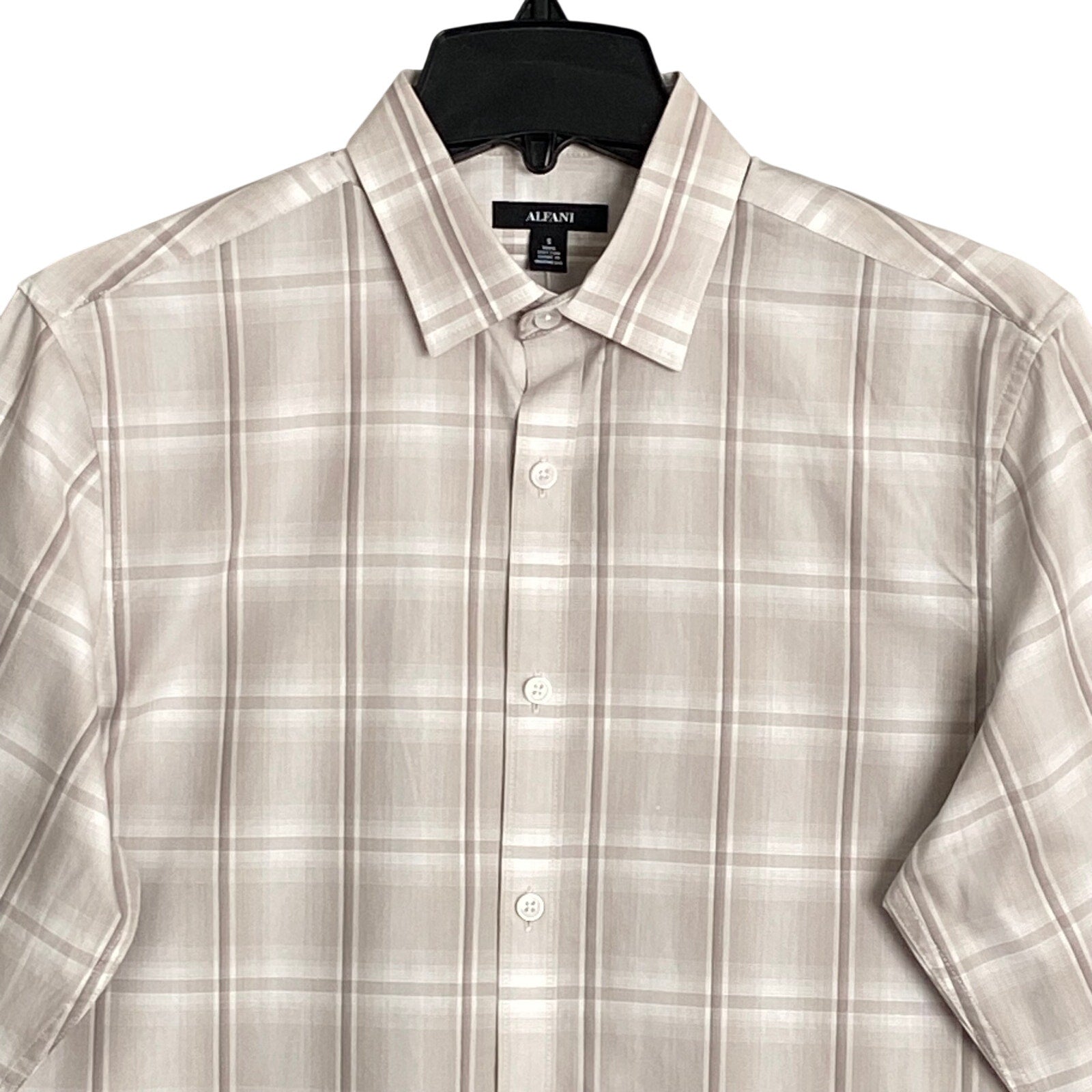 Alfani Dress Shirt Men's Small Button-Up Light Brown Window Pane Cotton