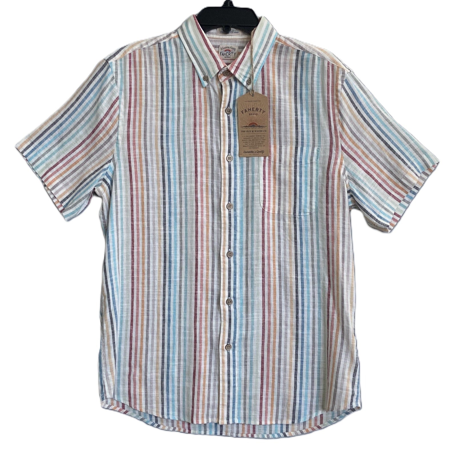 Faherty Shirt Men's Medium Breeze Shirt Short Slv Linen Multicolor Stripe