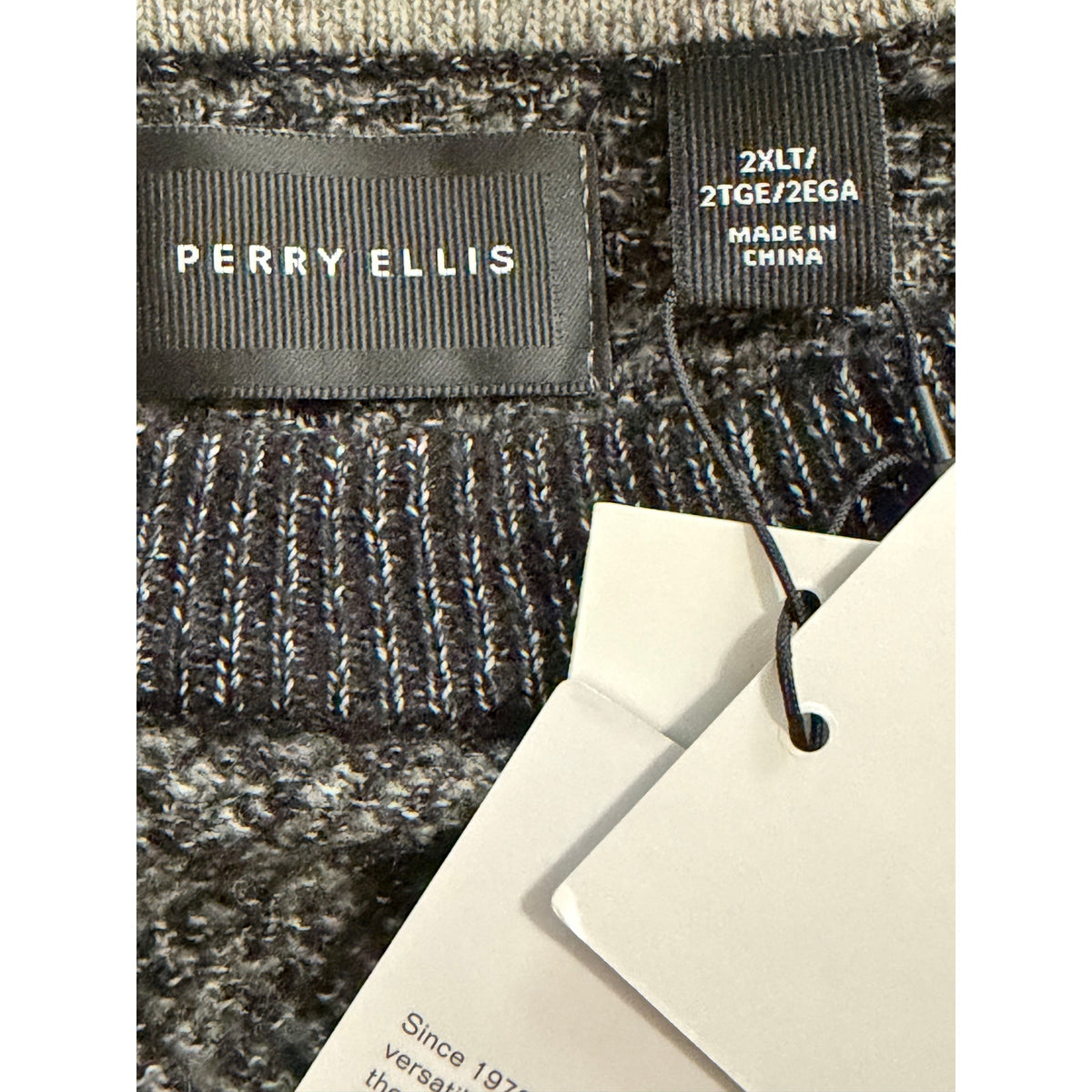 Perry Ellis Sweater Men's 2XLT Big & Tall Yarn Herringbone Crew Neck Black