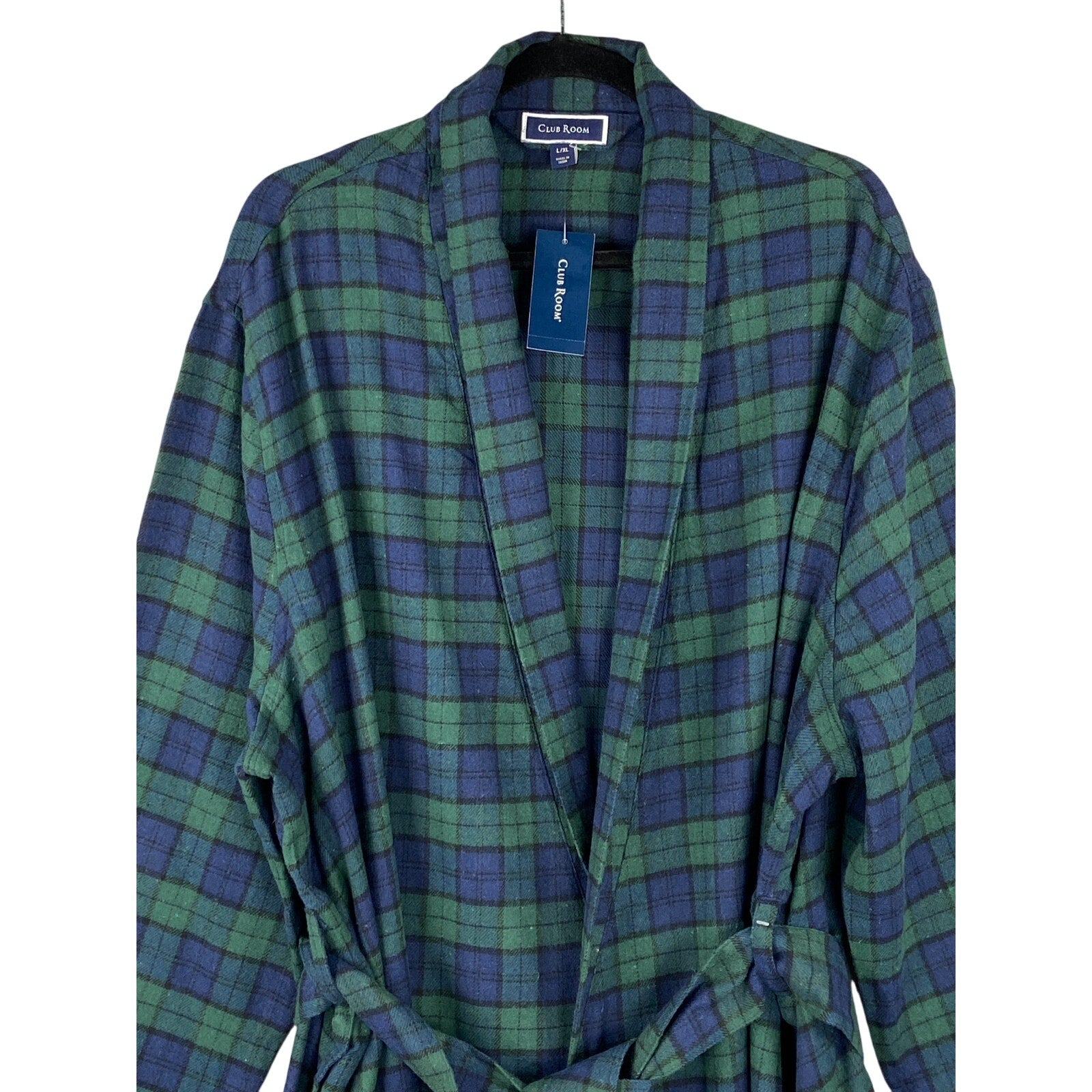 Club Room Men's Robe Size L/XL Plaid Shawl Collar Flannel Robe Navy/Green