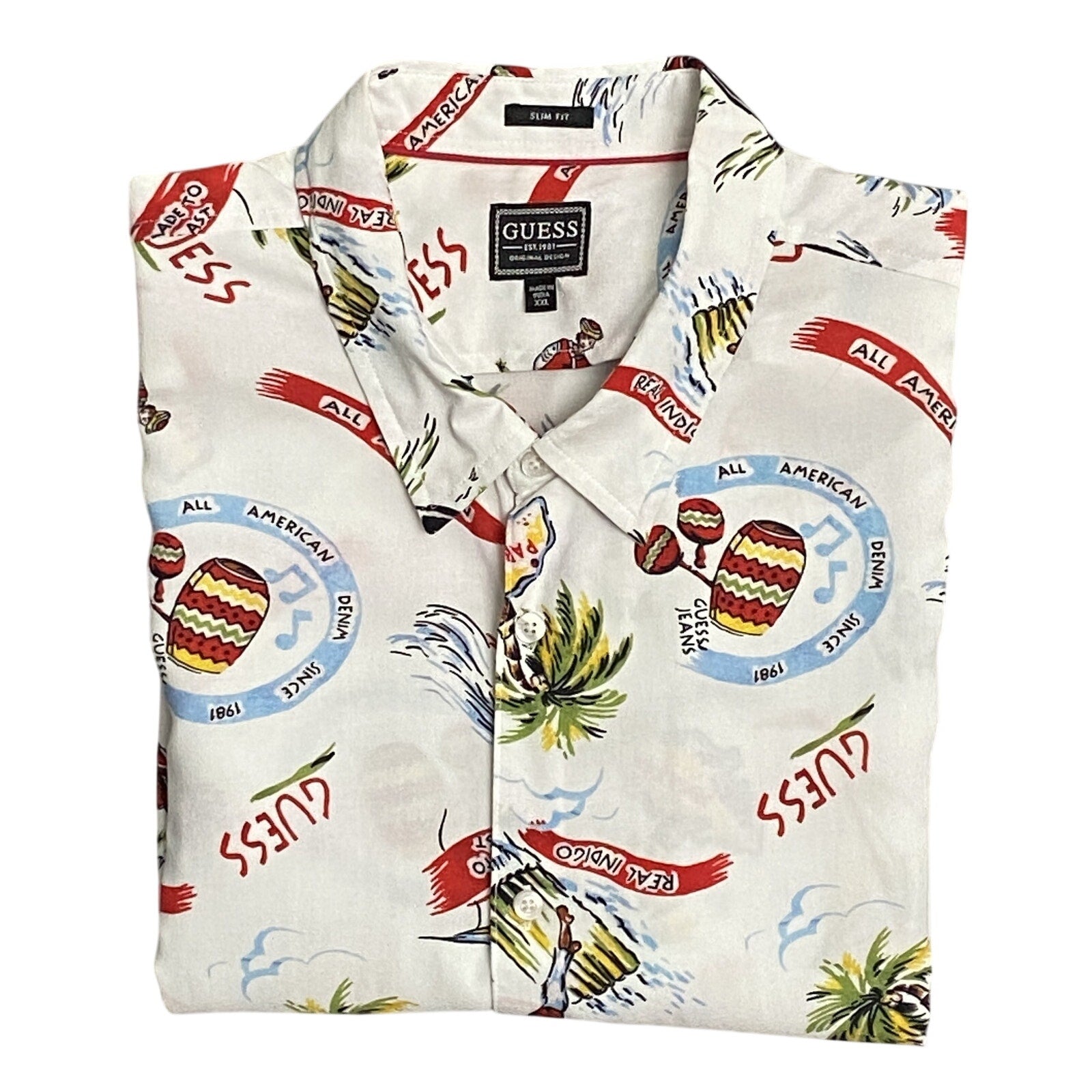 Guess Shirt Men's XXL Short Sleeve Button-Up Shirt Slim Fit Novelty Print