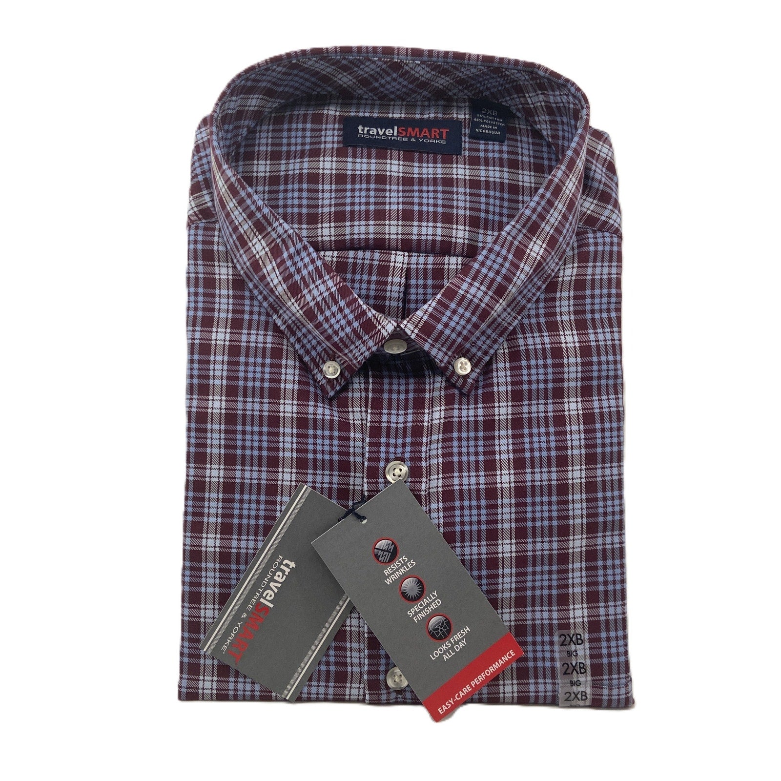 Roundtree & Yorke TravelSmart Big & Tall Men's 2XB Dress Shirt Plaid