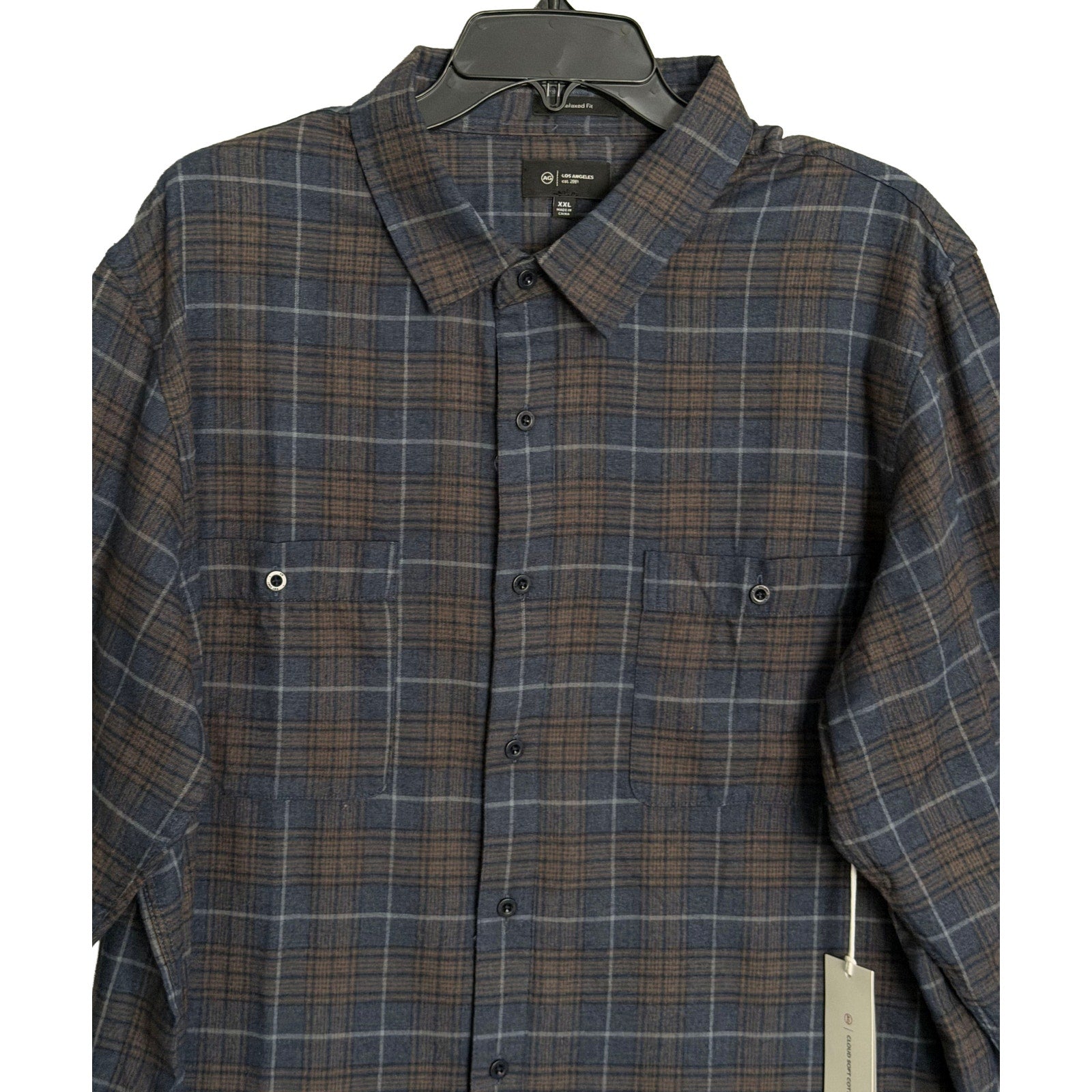 AG Los Angeles Wayne Long Sleeve Work Shirt Men's XXL Relaxed Fit Navy Plaid