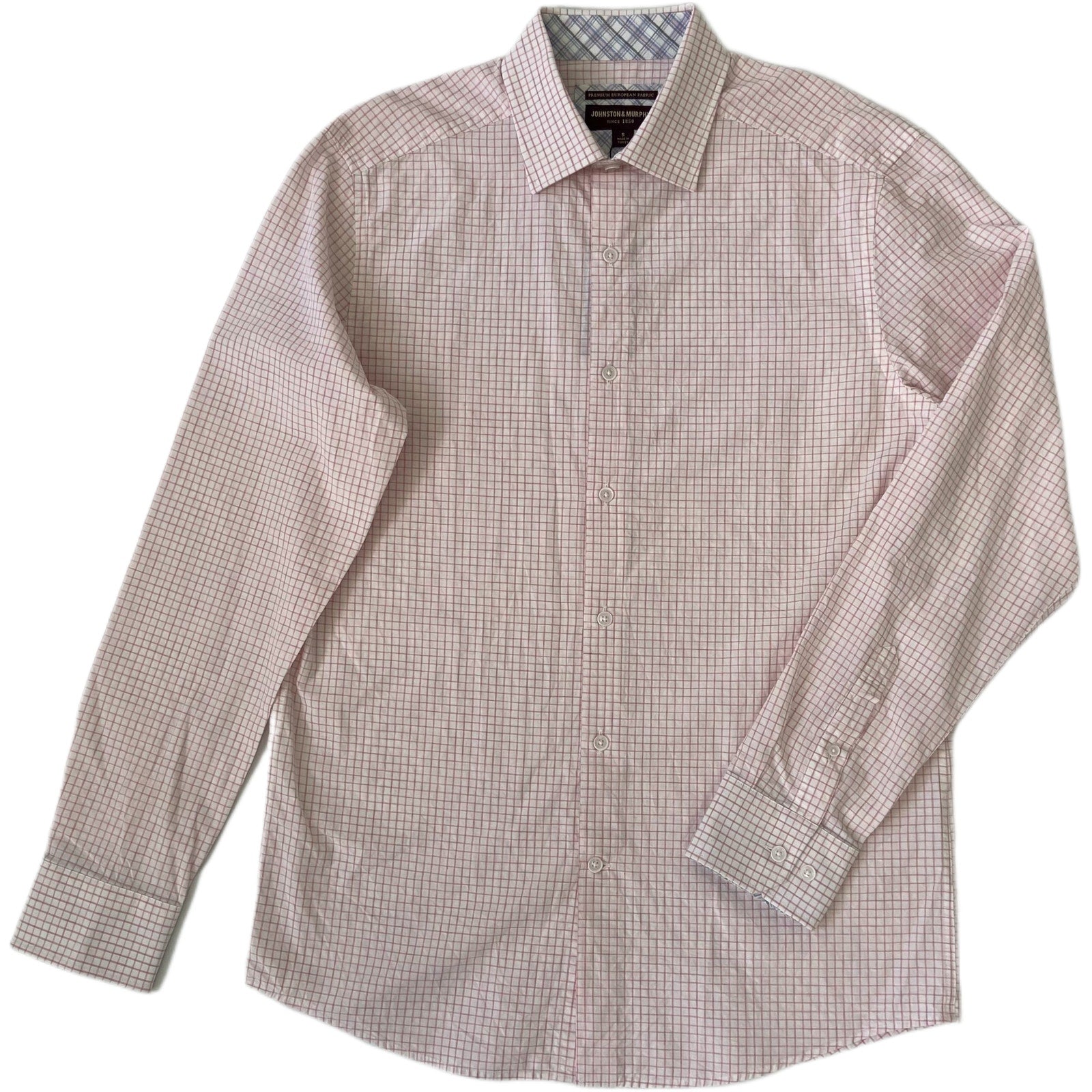 Johnston & Murphy Shirt Men's Small Button-Up Shirt Linen Blend Pink Check