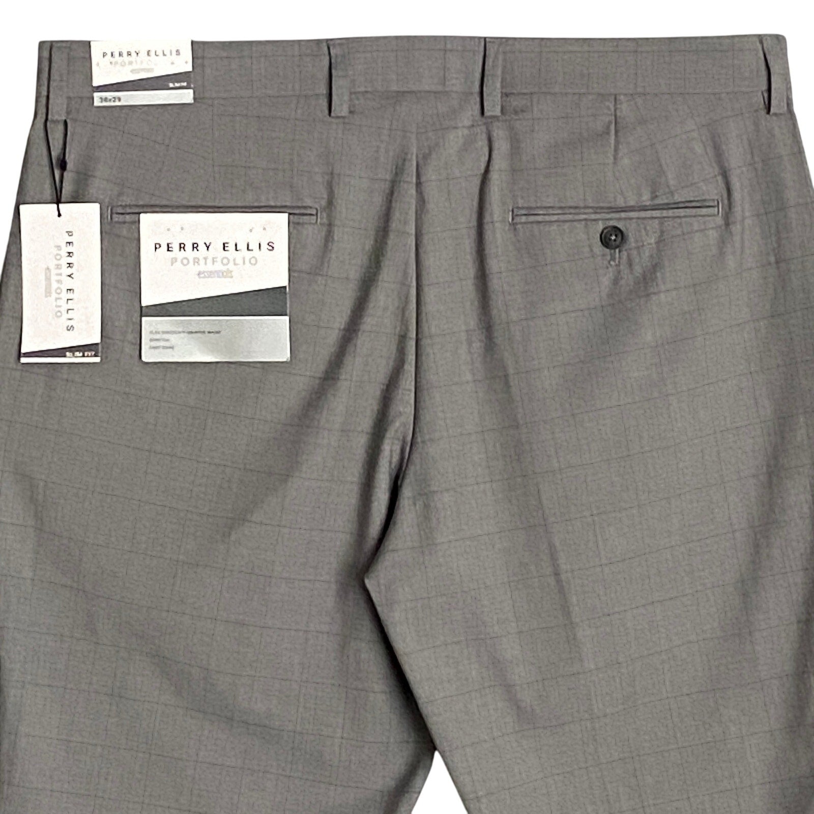 Perry Ellis Portfolio Pants Men's 36x29 Dress Pant Slim Fit Grey Window Pane NEW
