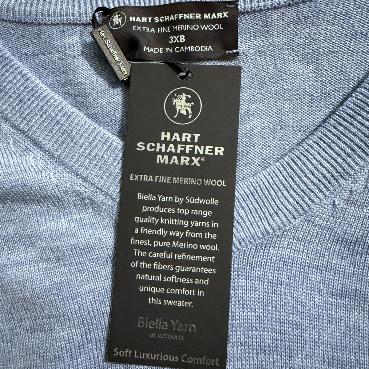 Hart Schaffner Marx Sweater Men's 3XB Big & Tall V-Neck Merino Wool Lt Blue