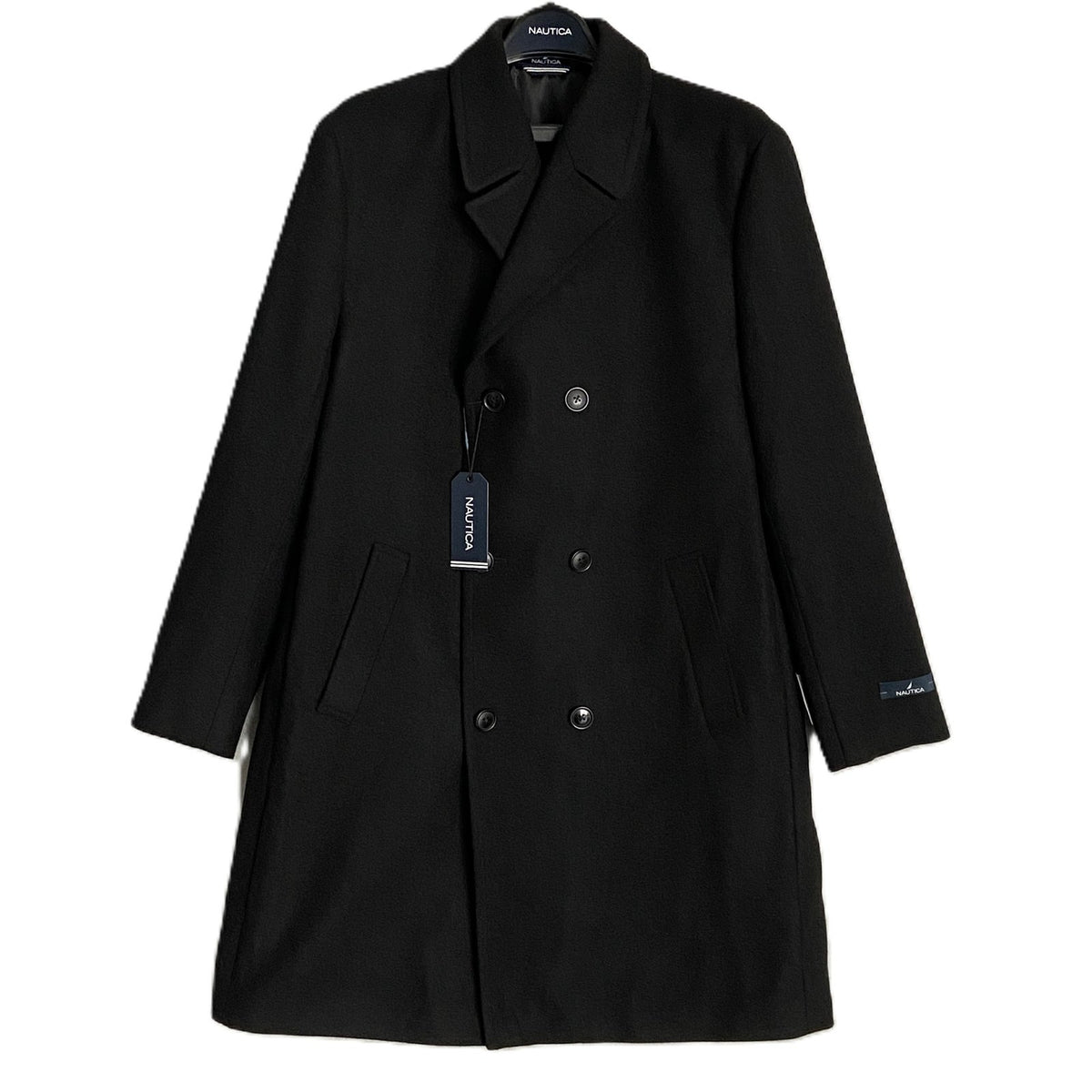 Nautica Overcoat Men's 44 Long Double-Breasted Wool Blend Lined Solid Black