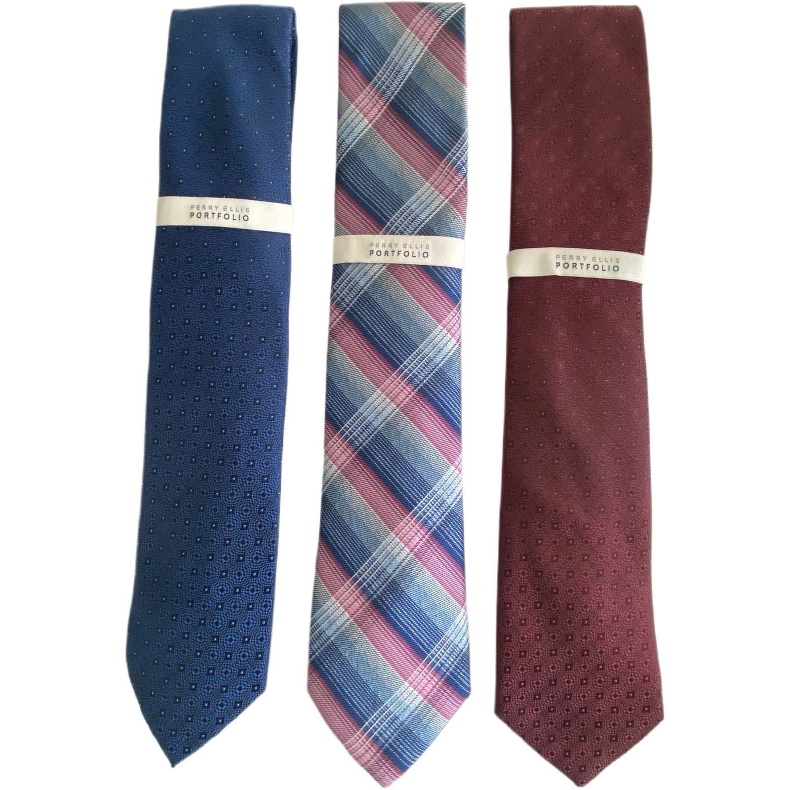 Perry Ellis Portfolio Necktie Lot of 3 Classic Width/Length Blue, Plaid, Red