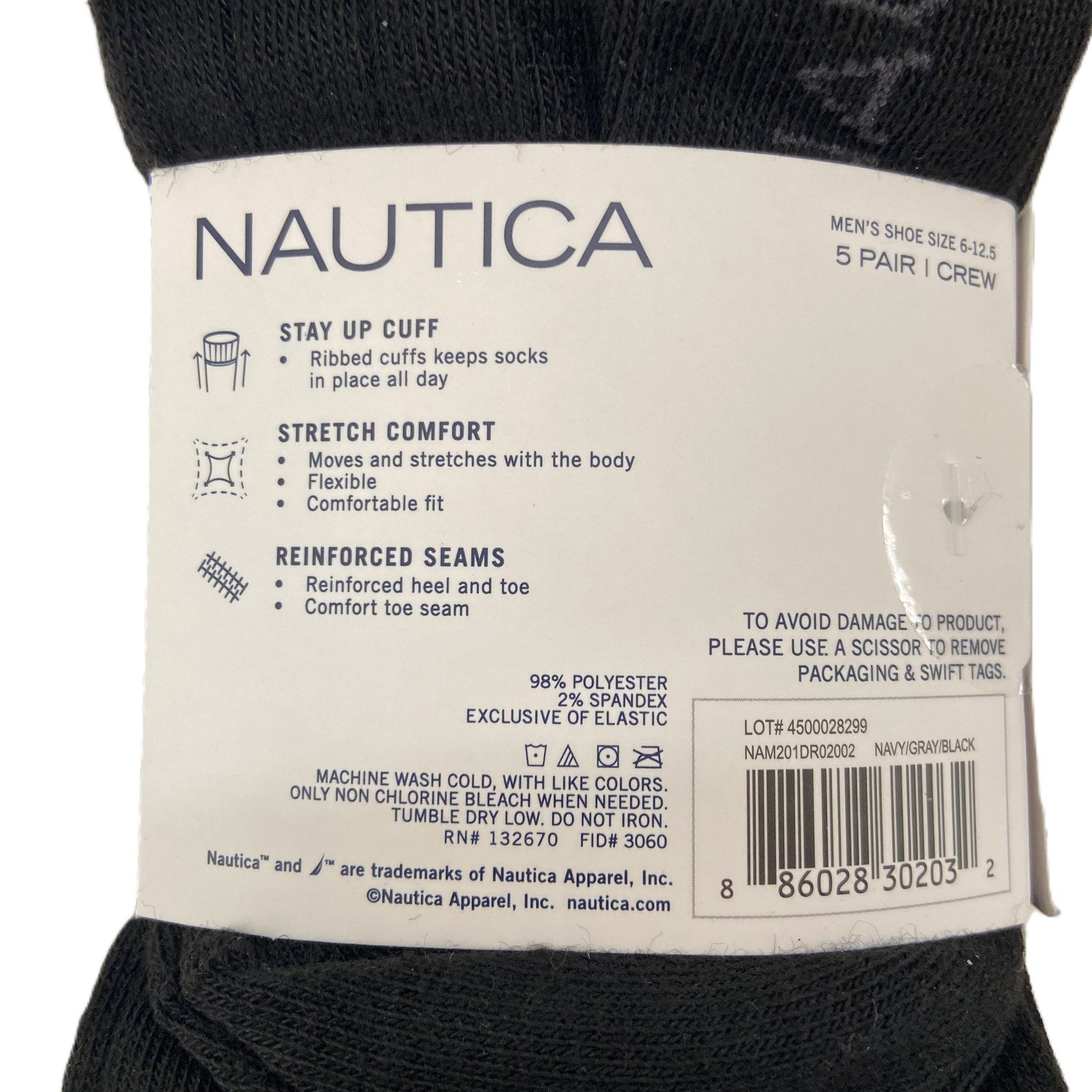 Nautica Crew Socks 15-Pair Men's Shoe Size 6-12.5 Black Gray Blue