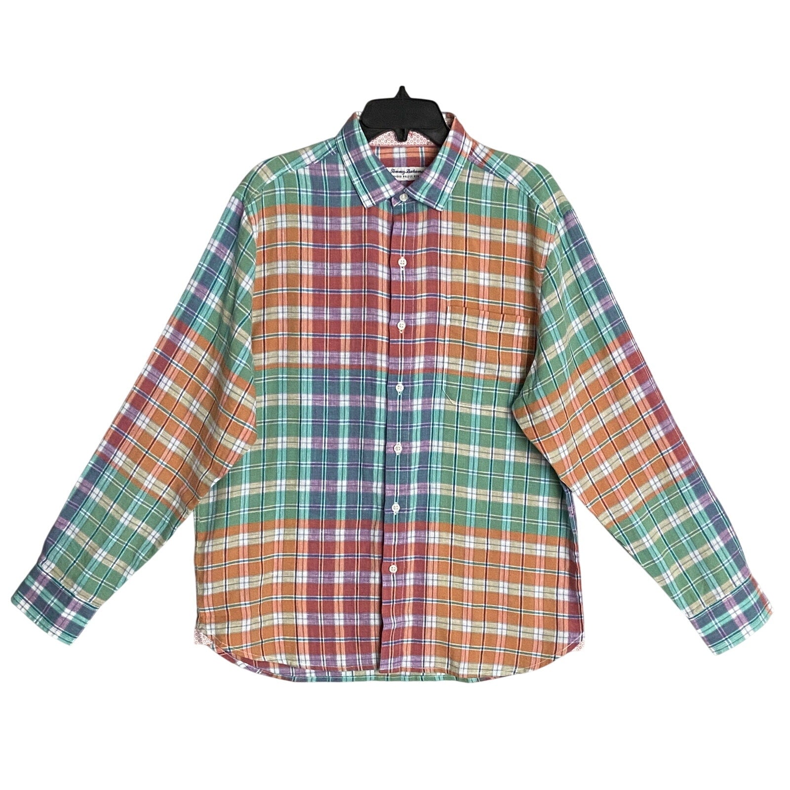 Tommy Bahama Shirt Men's Medium "Barbados Breeze Stretch" Plaid Linen Blend