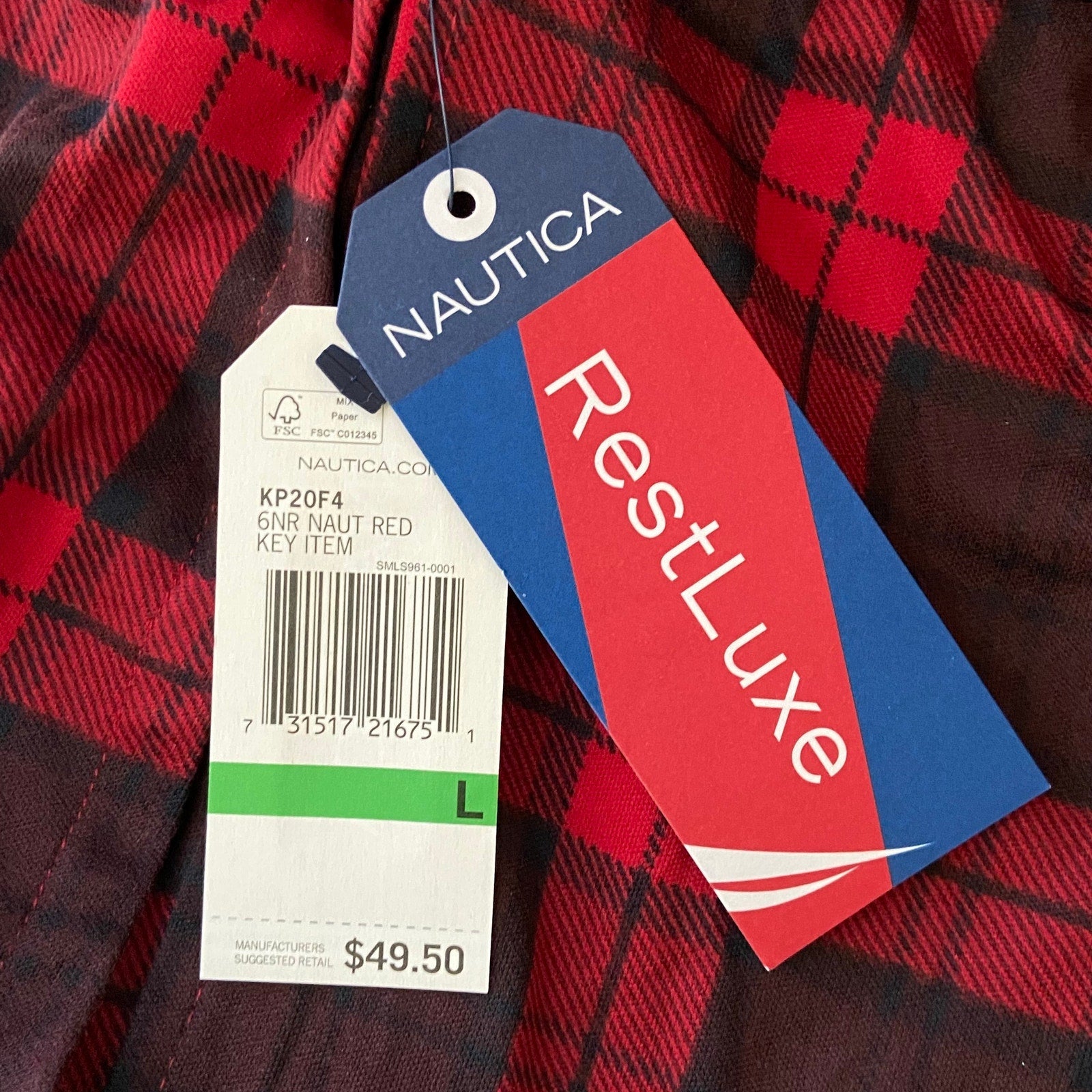 Nautica Sleep Pant Men's Large RestLuxe Elastic Waist Pockets Red/Black Check
