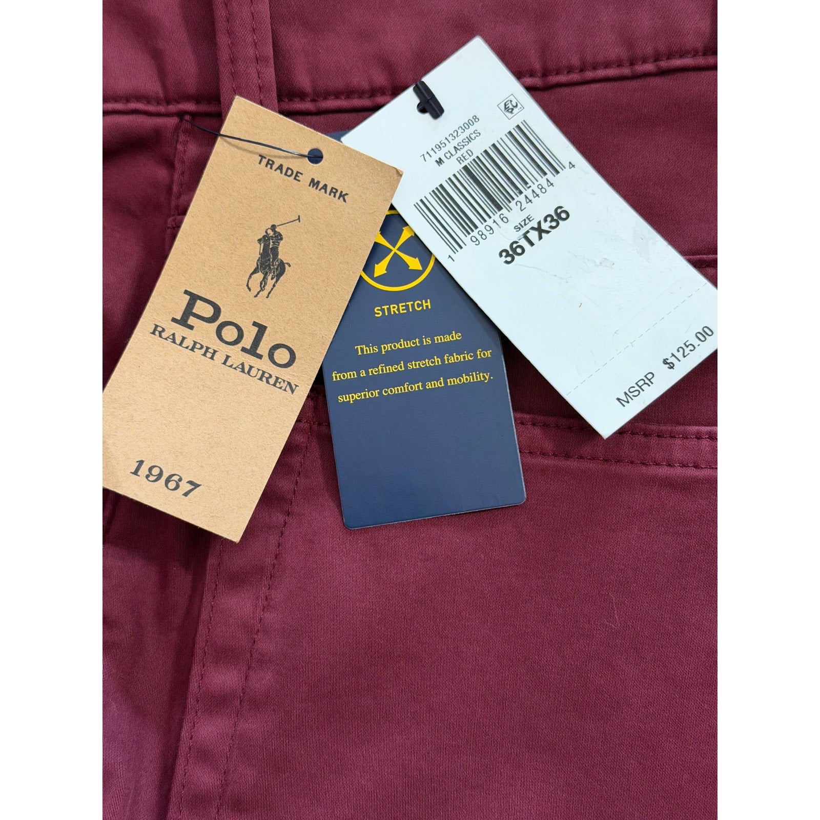 Polo Ralph Lauren Pants Men's 36T"x36" Varick Slim Straight 5-Pocket Red