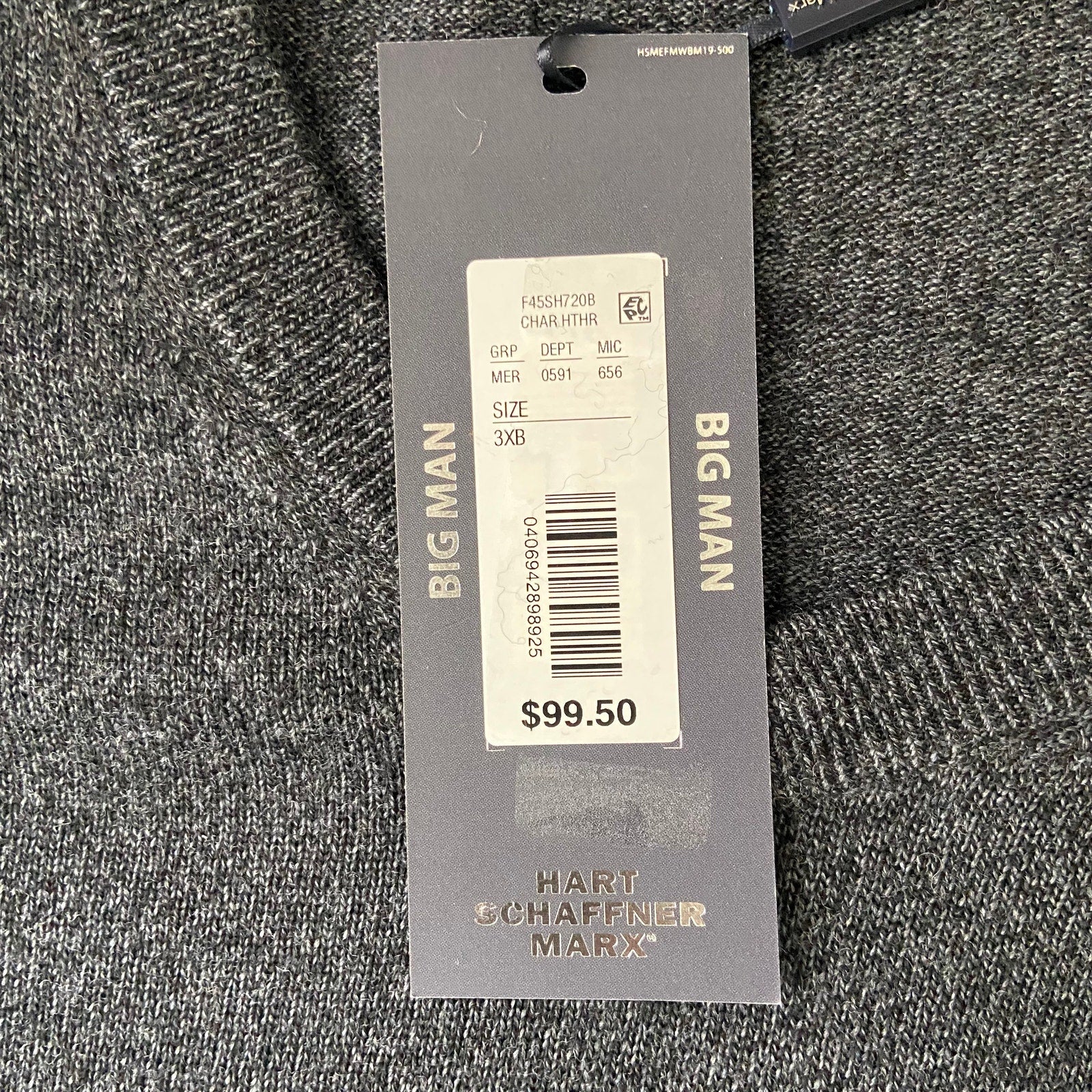 Hart Schaffner Marx Sweater Men's 3XB Big & Tall V-Neck Merino Wool Charcoal