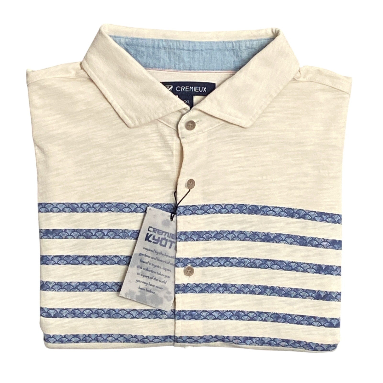 Daniel Cremieux Shirt Men's Large Long Sleeve Polo Shirt Cream Blue Stripe