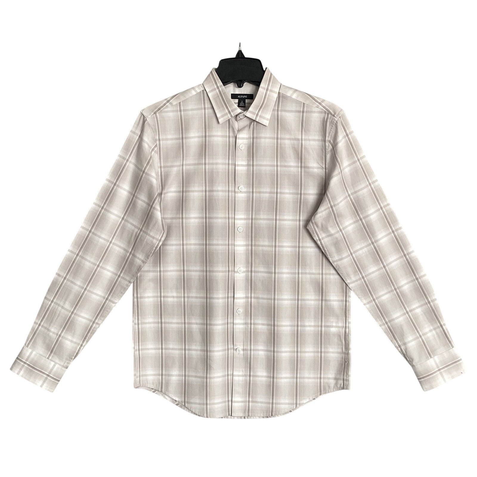 Alfani Dress Shirt Men's Small Button-Up Light Brown Window Pane Cotton