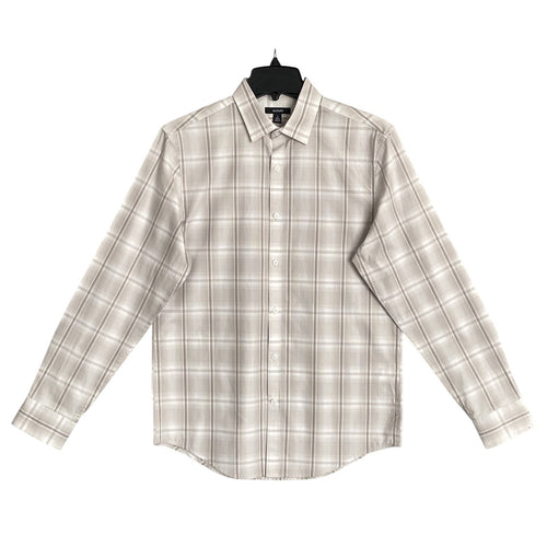 Alfani Dress Shirt Men's Small Button-Up Light Brown Window Pane Cotton