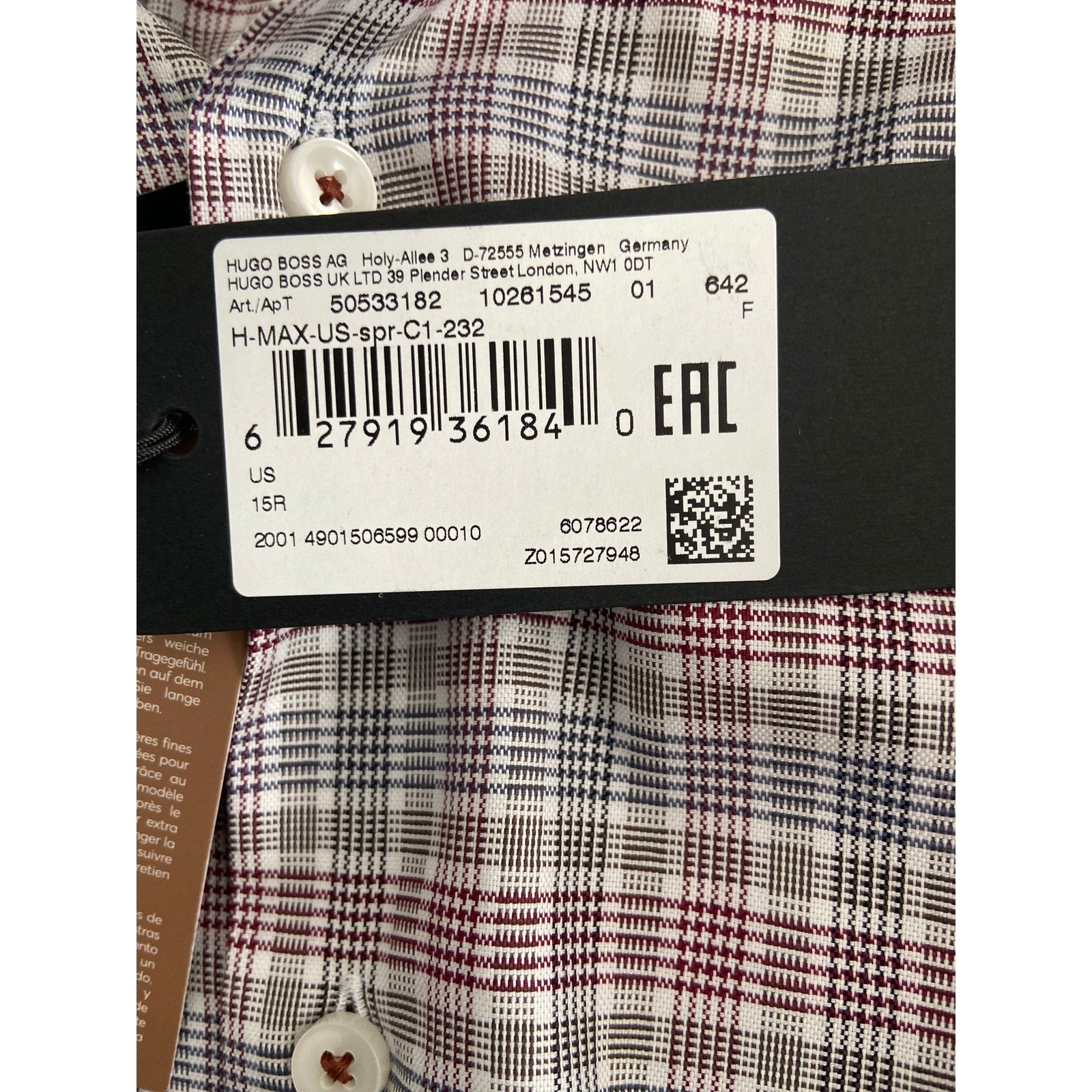 Boss Dress Shirt Men's Small 15-32/33 Sharp Fit Stretch Red & Black Plaid