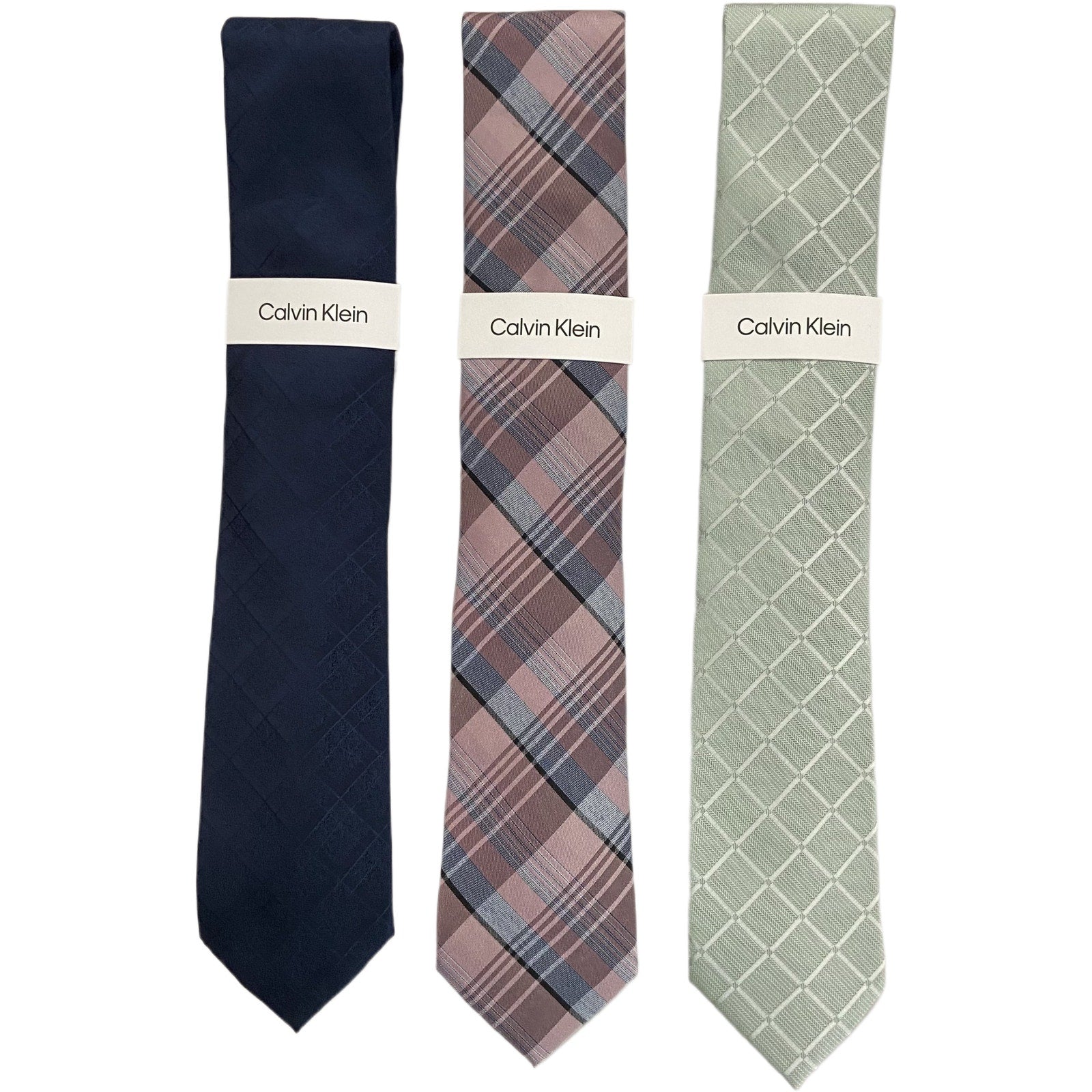 Calvin Klein Necktie Lot of 3 Classic Width/Length Blue, Pink Plaid, Green