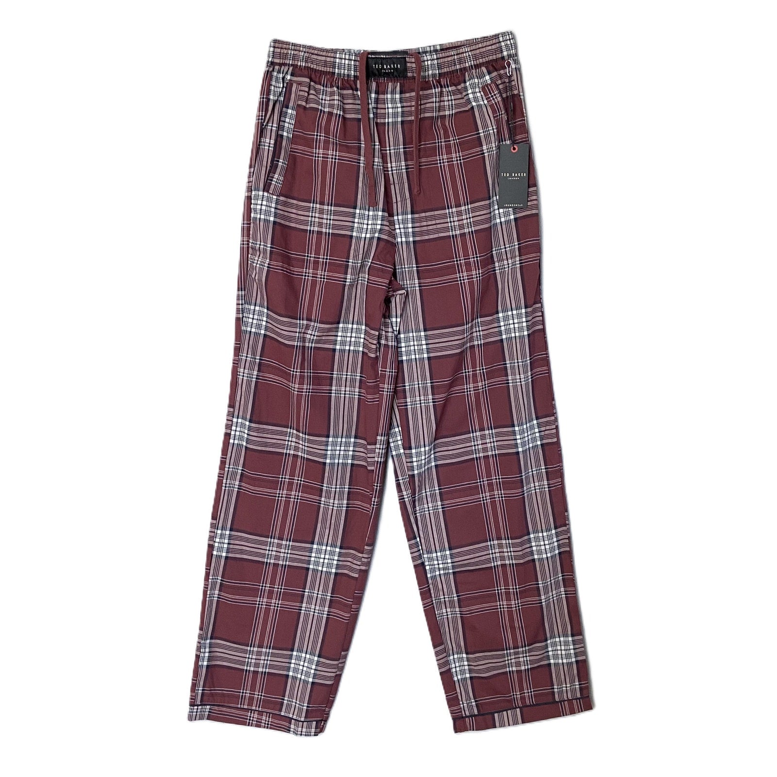 Ted Baker Sleep Pant Men's Small Woven Cotton Drawstring Pockets Red Plaid