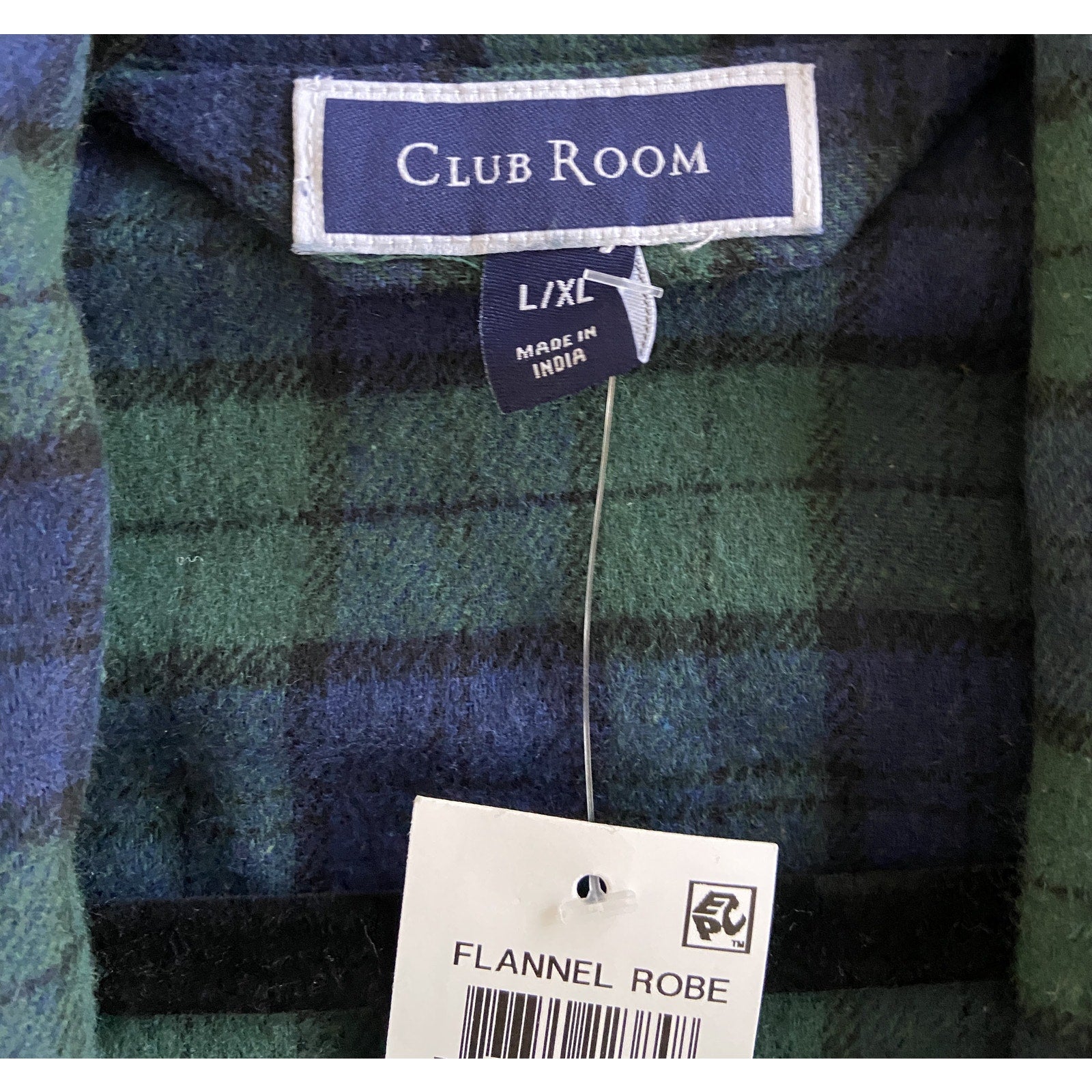 Club Room Men's Robe Size L/XL Plaid Shawl Collar Flannel Robe Navy/Green