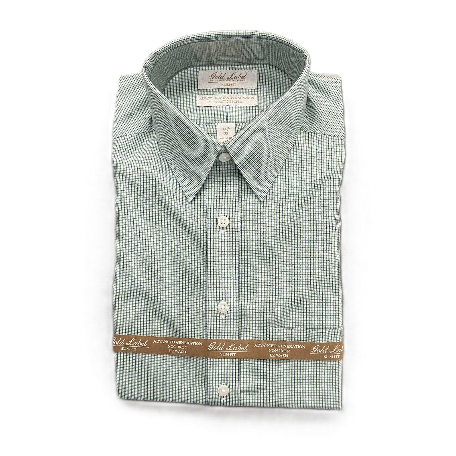 Roundtree & Yorke Shirt Men's 14.5 32 Slim Fit Cotton Poplin Green Check