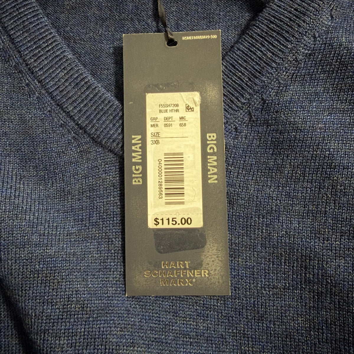 Hart Schaffner Marx Sweater Men's 3XB Big & Tall V-Neck Merino Wool Blue Heather
