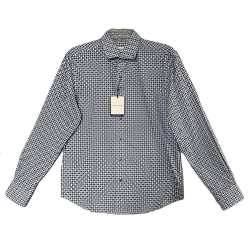 Bugatchi Dress Shirt Men's Small Long Sleeve Button-Up Blue Brown Geo