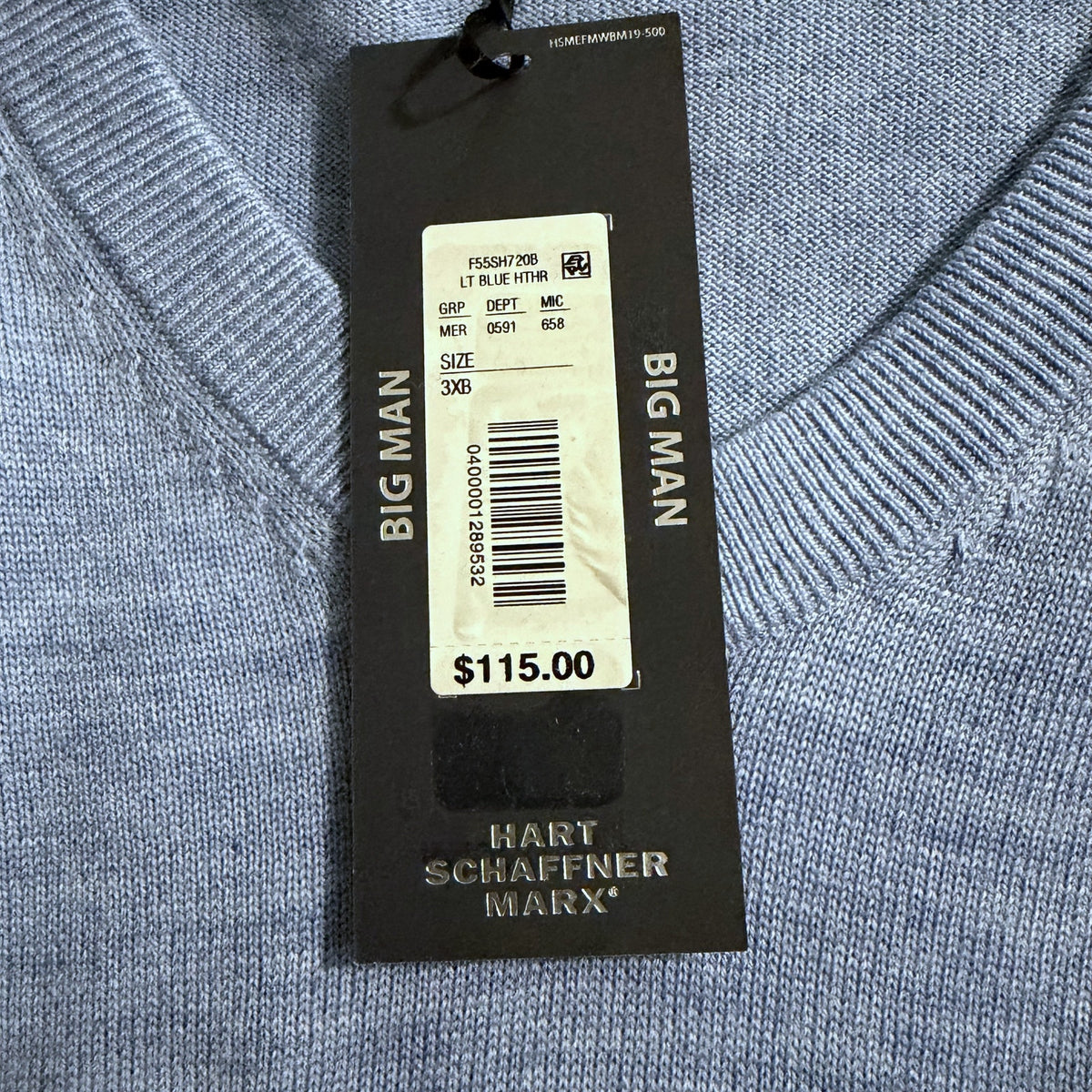 Hart Schaffner Marx Sweater Men's 3XB Big & Tall V-Neck Merino Wool Lt Blue