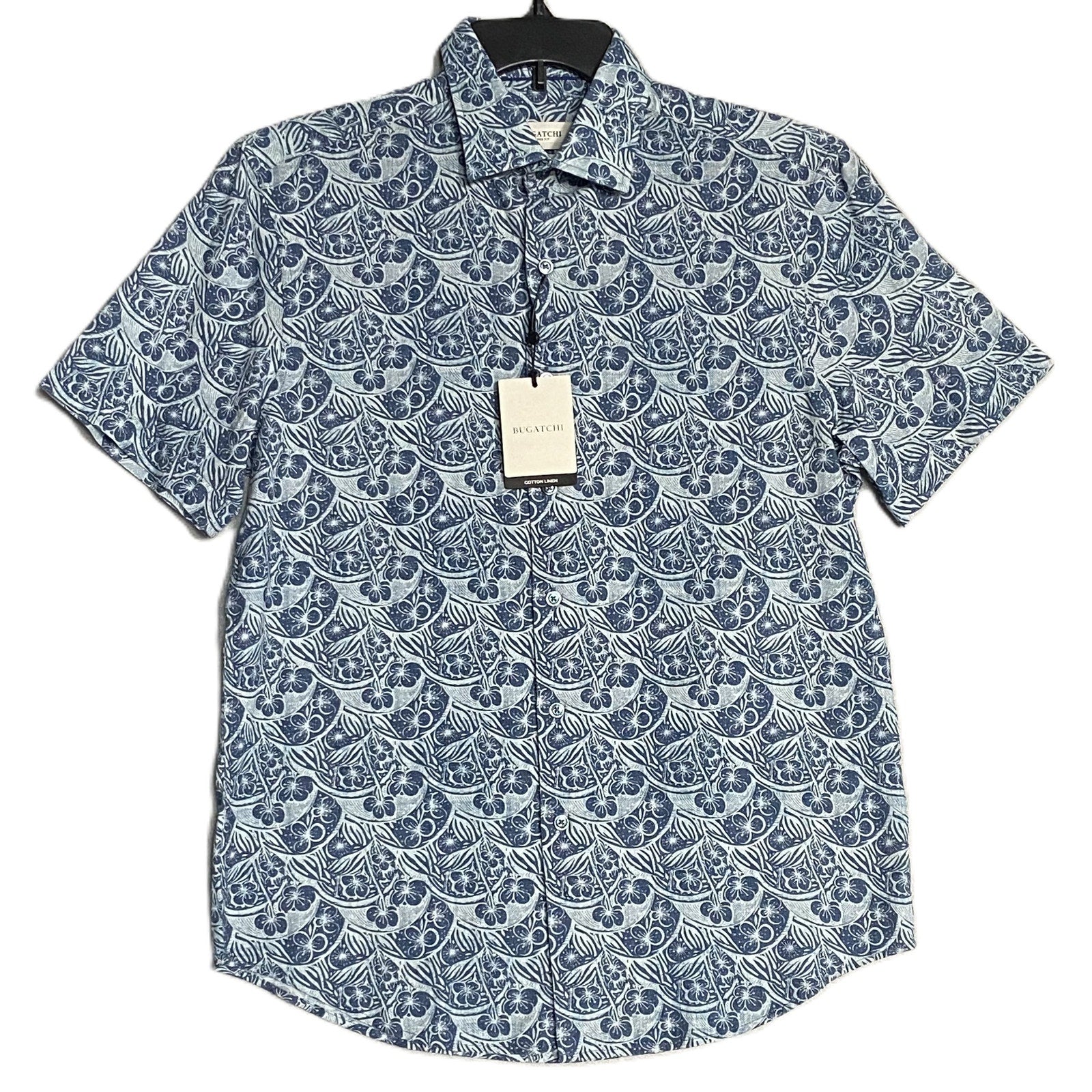 Bugatchi Shirt Men's Small Shaped Fit Linen Blend Short Sleeve Indigo Floral