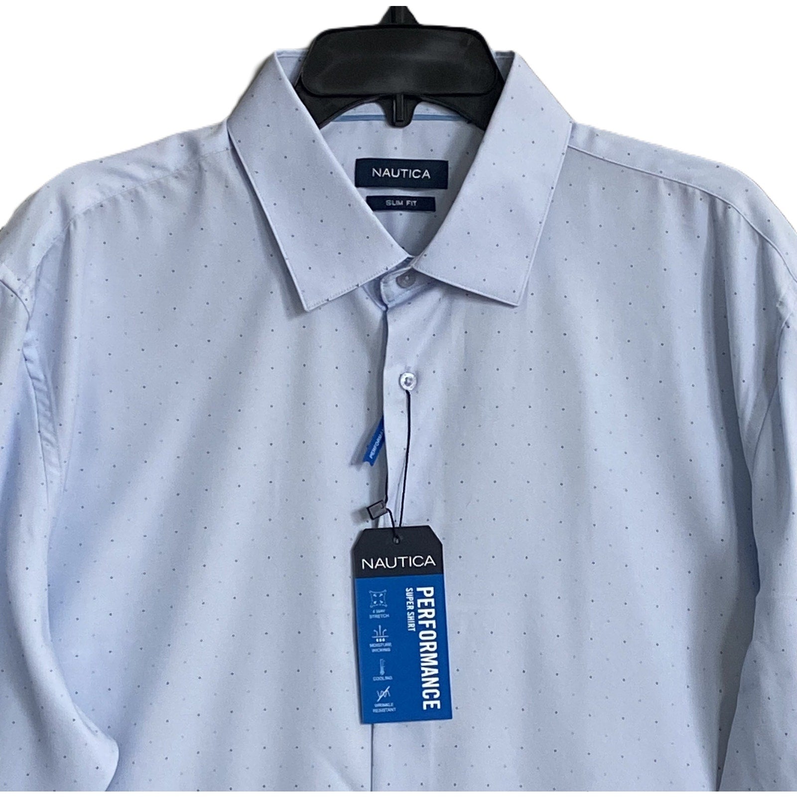 Nautica Dress Shirt Men's XL 17-17.5 34/35 Performance Slim Fit Blue Dot