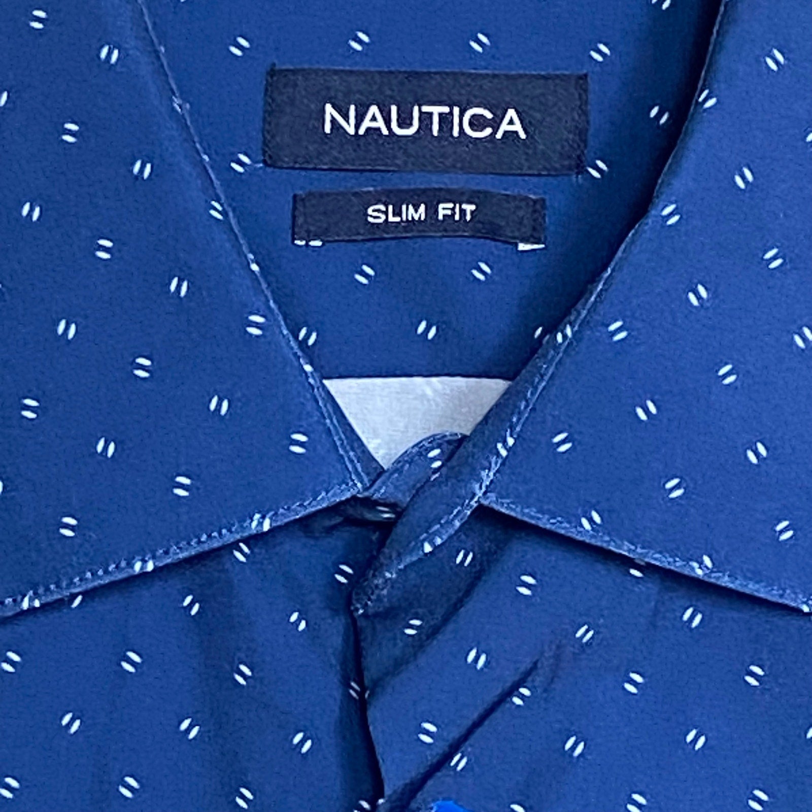 Nautica Dress Shirt Men's XL 17-17.5 34/35 Performance Slim Fit Blue Geo