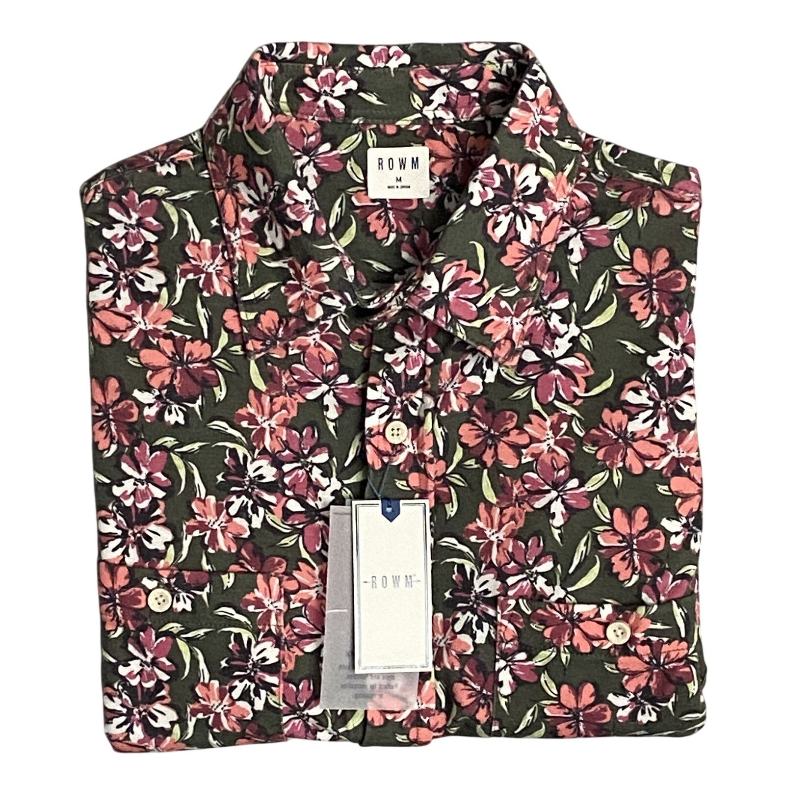 Rowm Men's Shirt Medium Casual Short Sleeve Pockets Pink Gray Floral UPF 30+