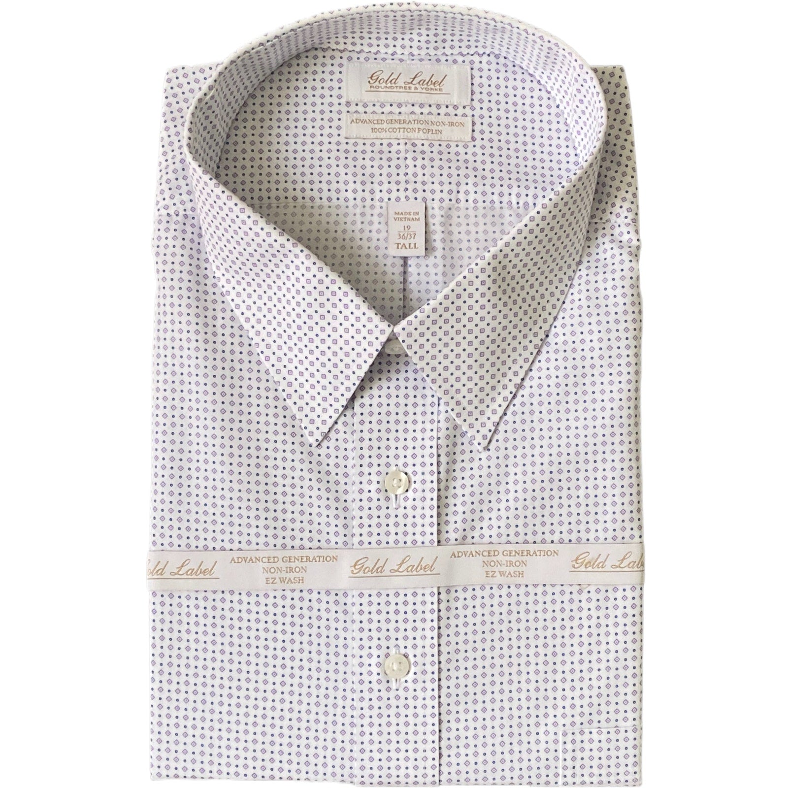 Roundtree & Yorke Shirt Big & Tall Men's 17 36/37 White Geo Dress Shirt