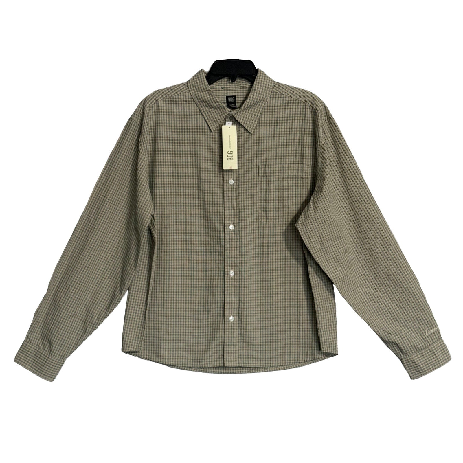 BDG Button-Up Shirt Men's Large Long Sleeve Beige and Black Plaid Check