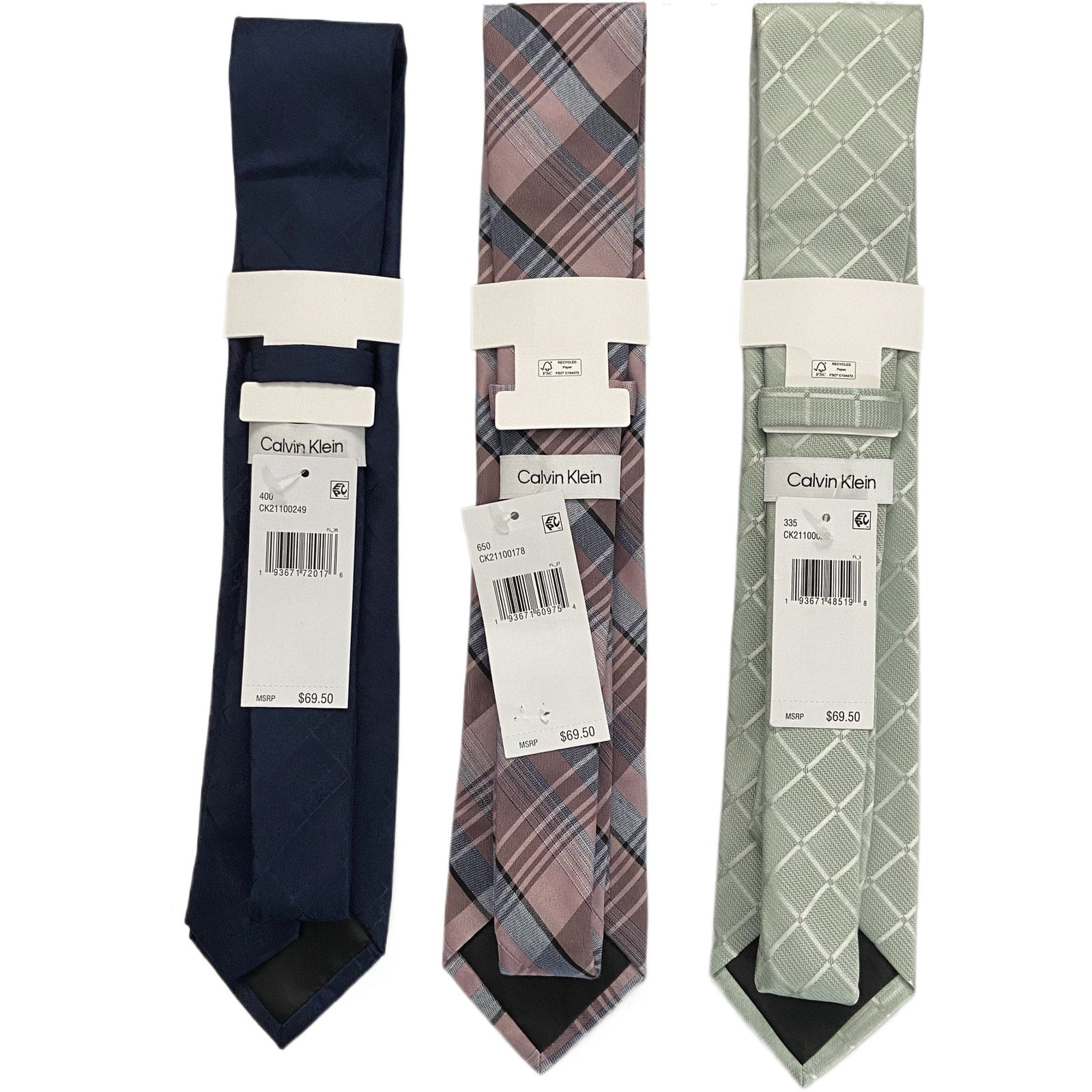Calvin Klein Necktie Lot of 3 Classic Width/Length Blue, Pink Plaid, Green