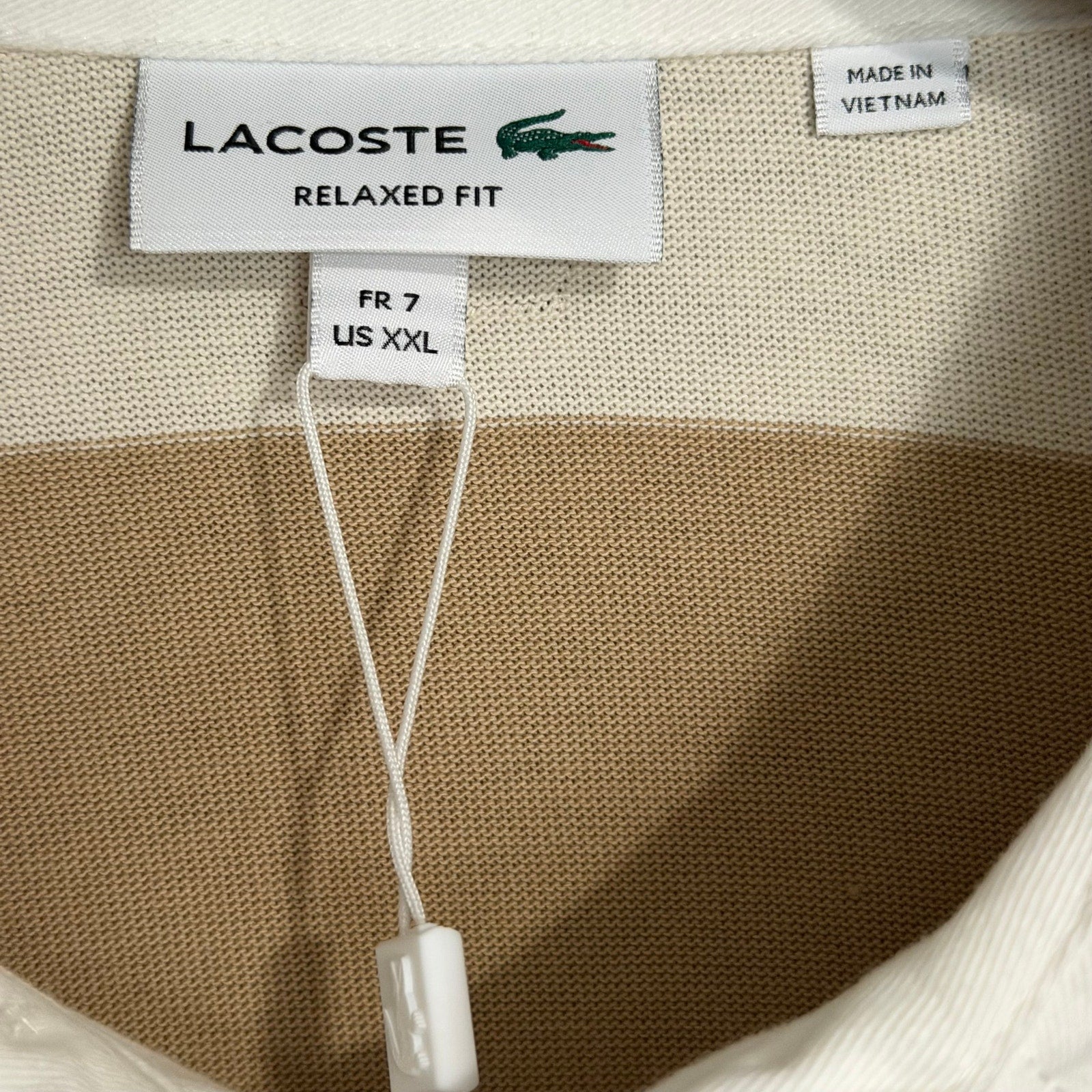 Lacoste Striped Rugby Polo Men's XXL Relaxed Fit Long Sleeve Beige