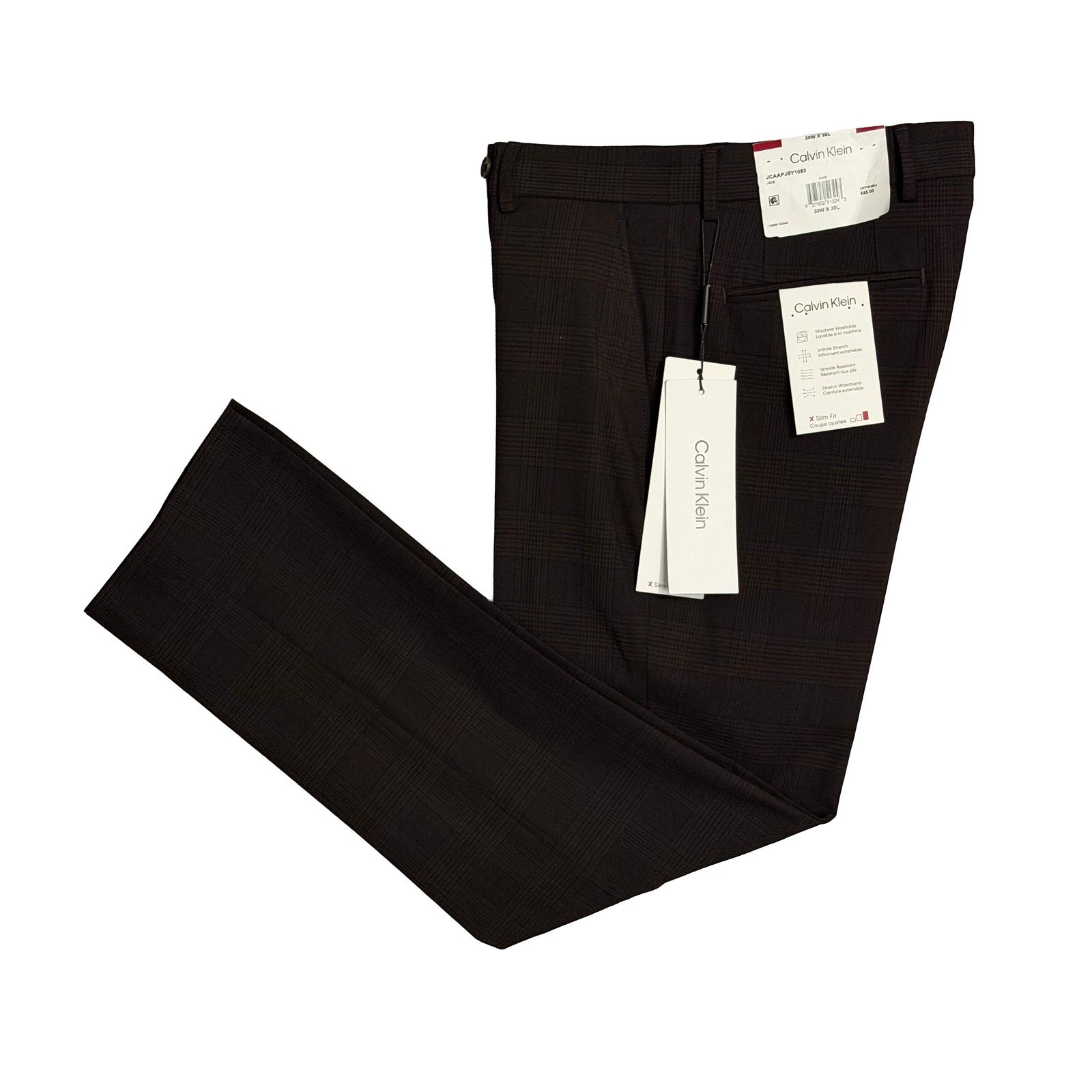Calvin Klein Dress Pant Men's 30"x30" Slim Fit Flat Front Stretch Wine Plaid