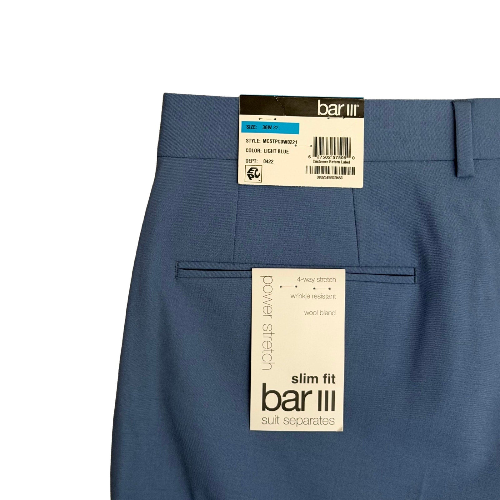 Bar III Dress Pants Men's 36"x32" Slim Fit Wool Blend Stretch Light Blue
